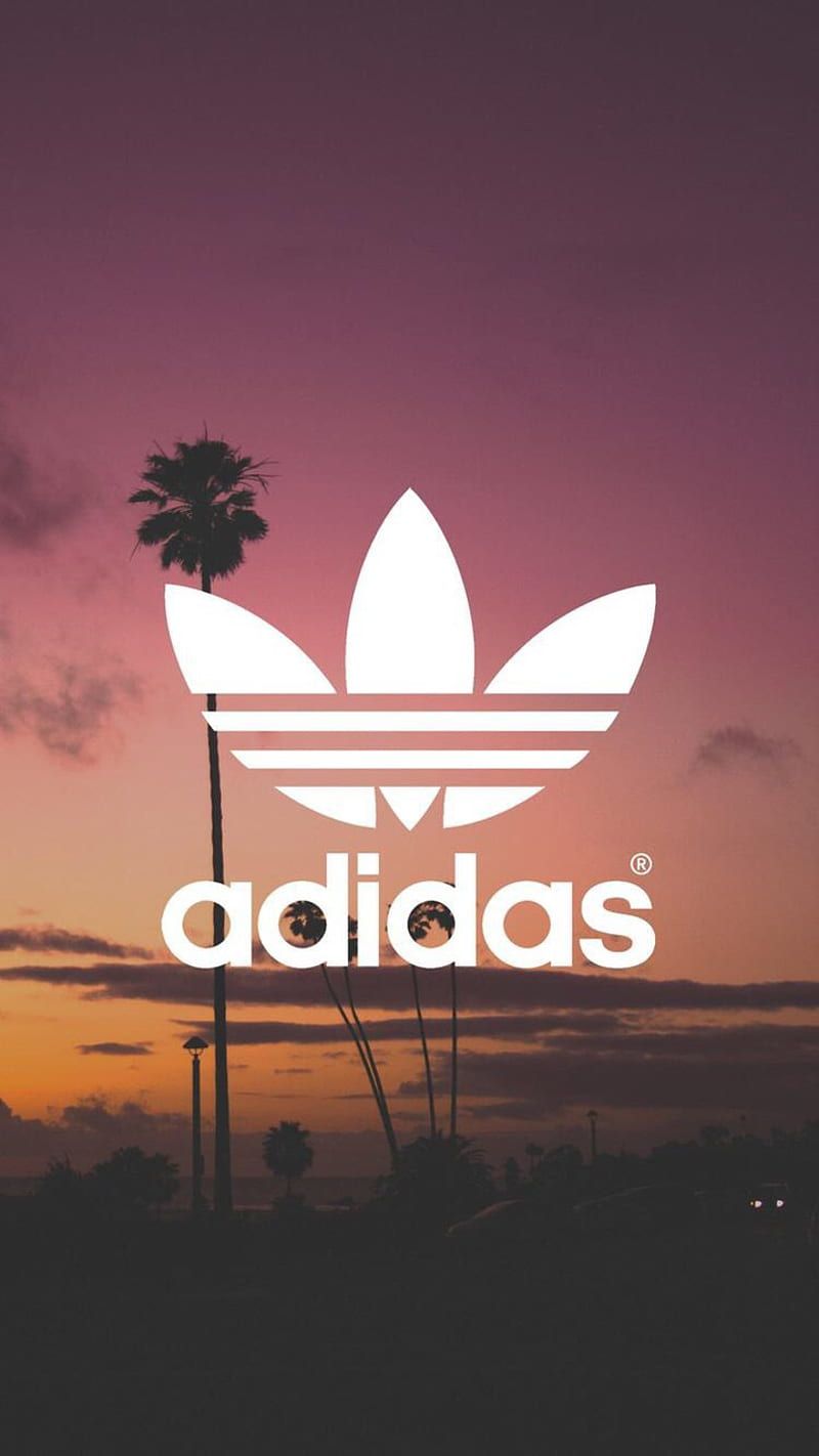 Adidas, Kleeblatt-Logo, Sonnenuntergang, Palme, Abendhimmel, Silhouette, HD, Handy-Hintergrund
