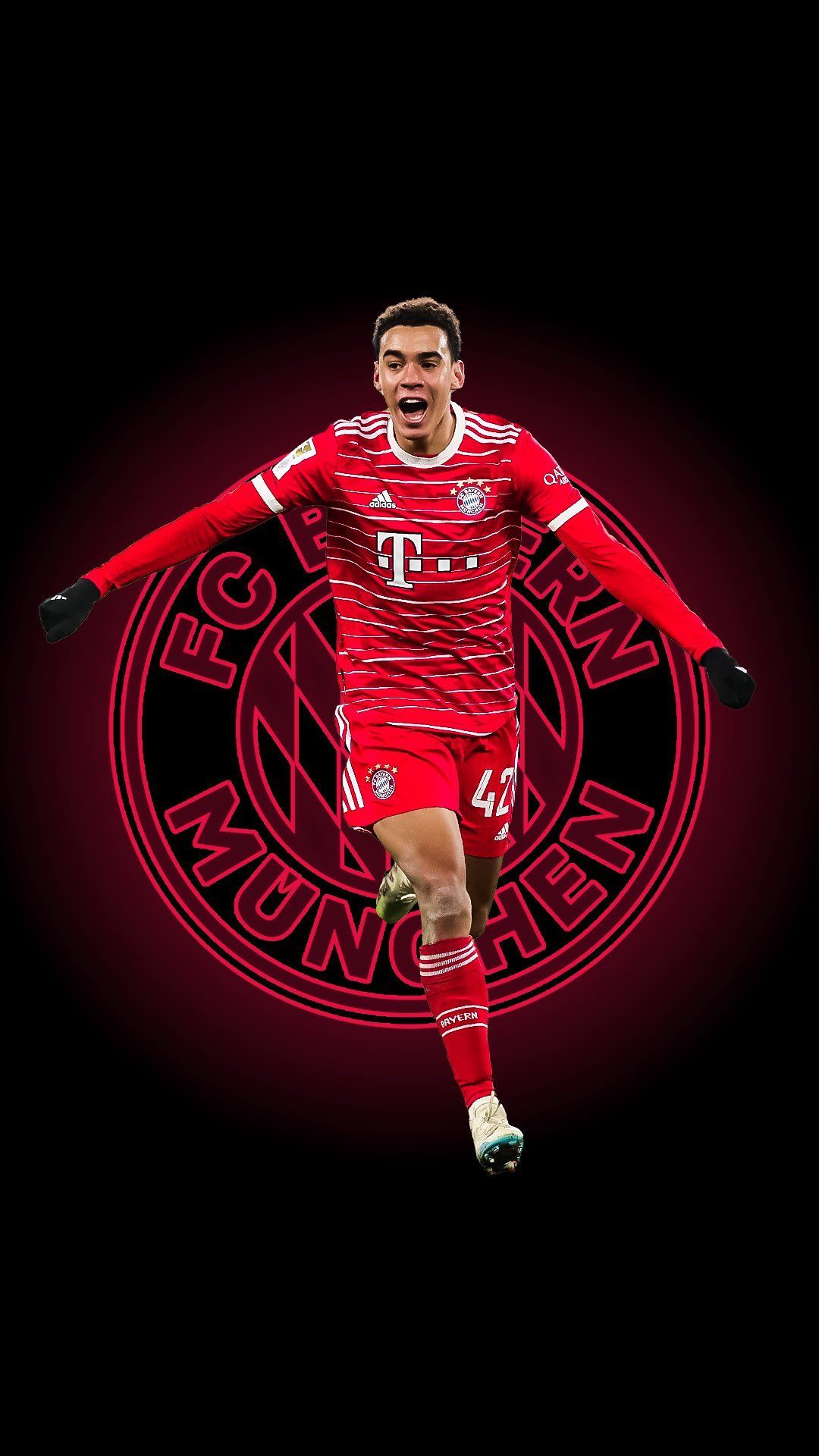 Jamal Musiala, FC Bayern München, Fußballspieler, Schwarzer Hintergrund, Rot, Sperrbildschirm