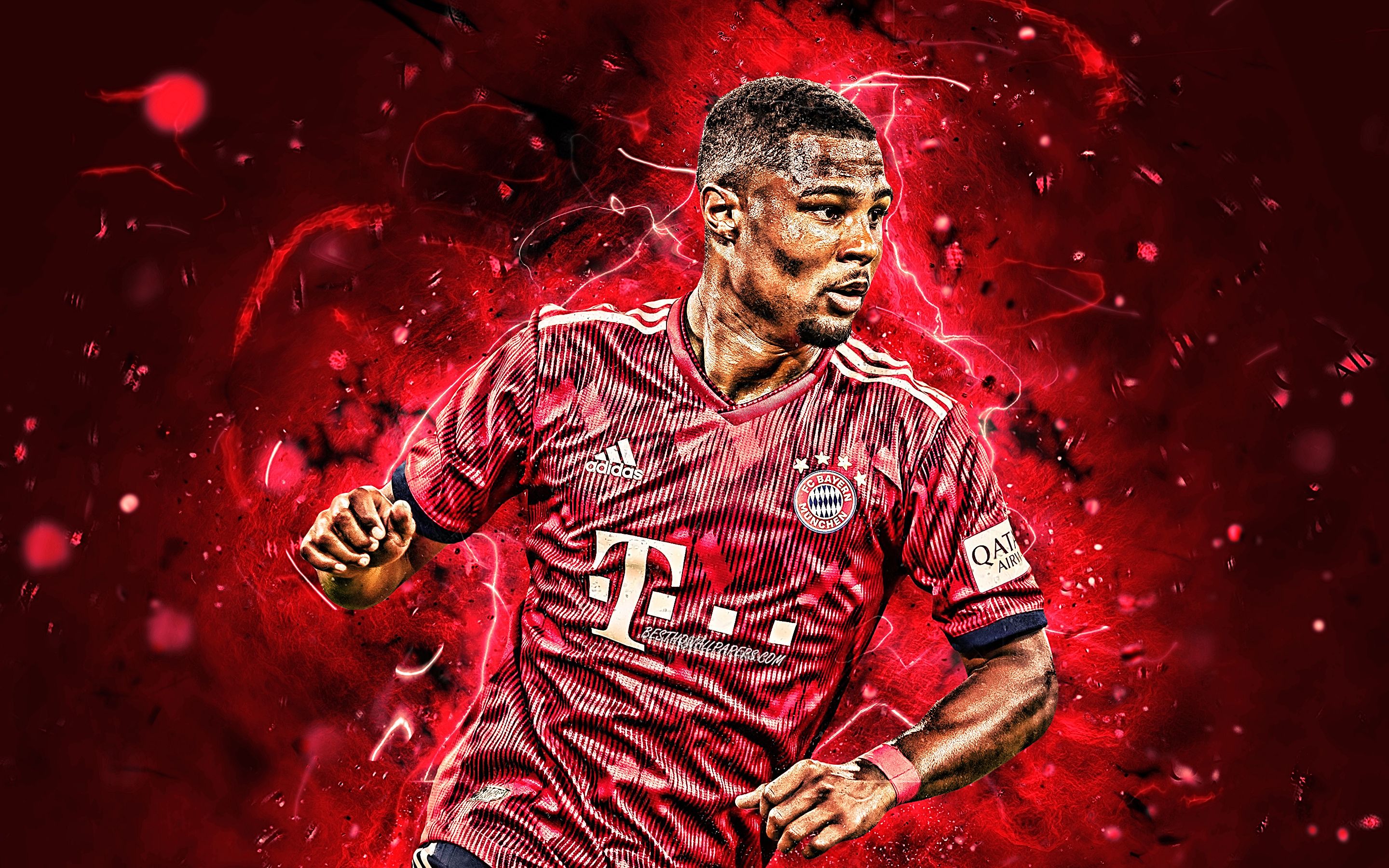 Serge Gnabry, FC Bayern München, Fußballspieler, Rote Lichteffekte, Fußball, 2K-Hintergrund
