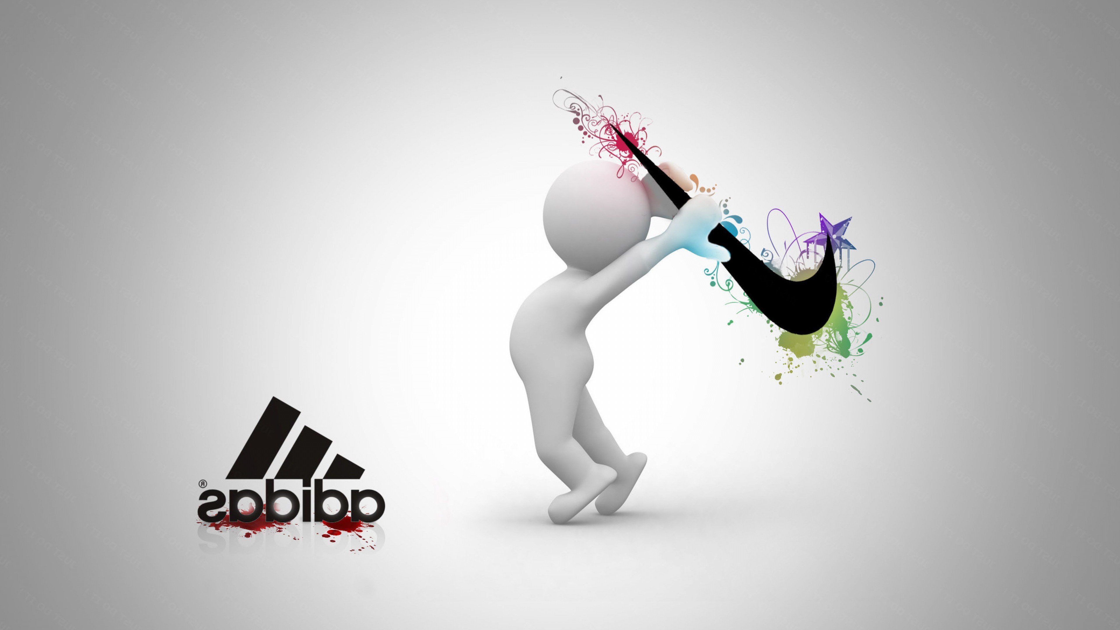 Adidas, Nike, 3D-Figur, Humor, Weißer Hintergrund, Farbspritzer, 4K Wallpaper