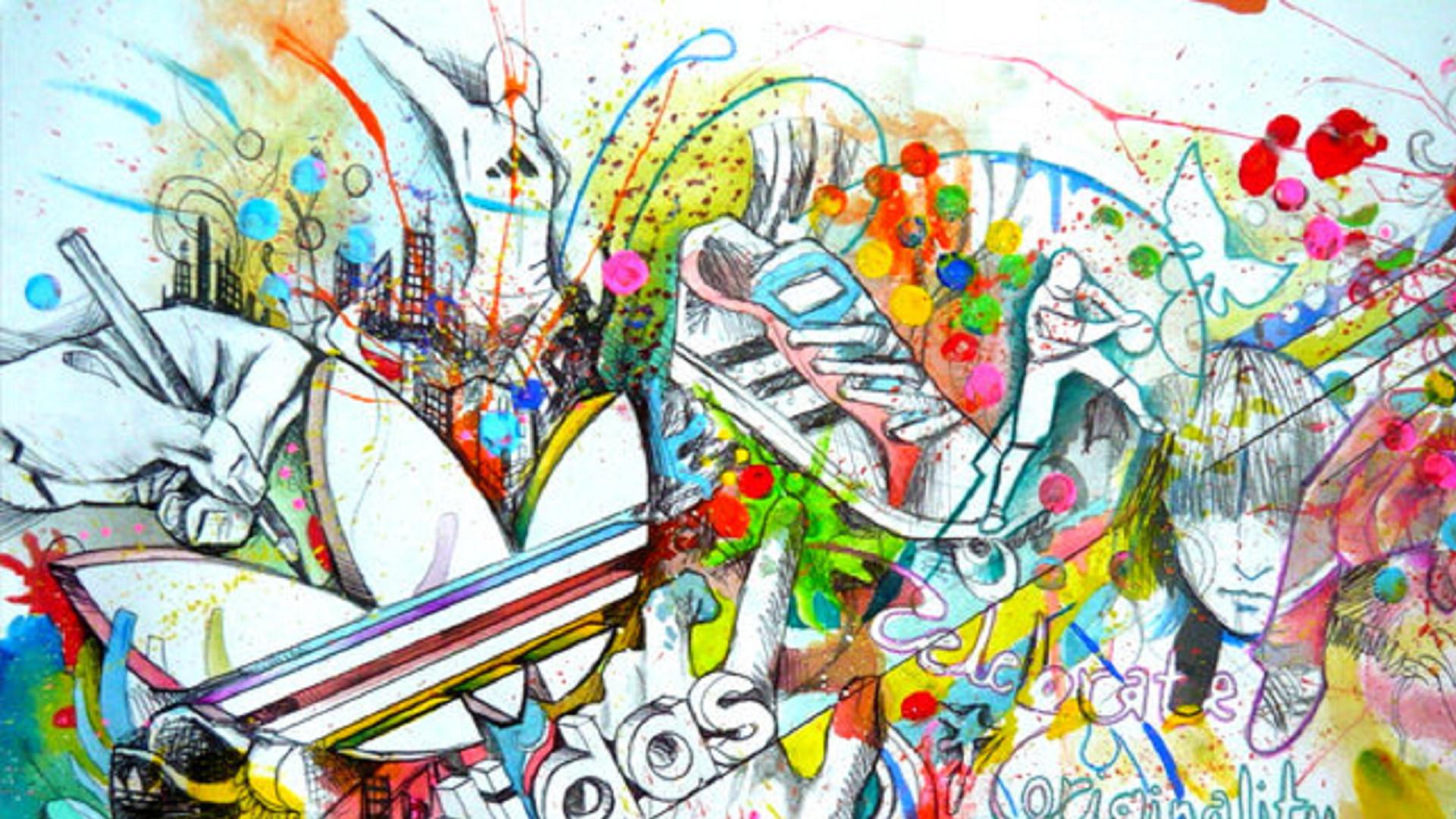 Adidas, Kleeblatt-Logo, Zeichnung, Sneaker, Farbkleckse, Bunt, Illustration, Full-HD-Hintergrundbild