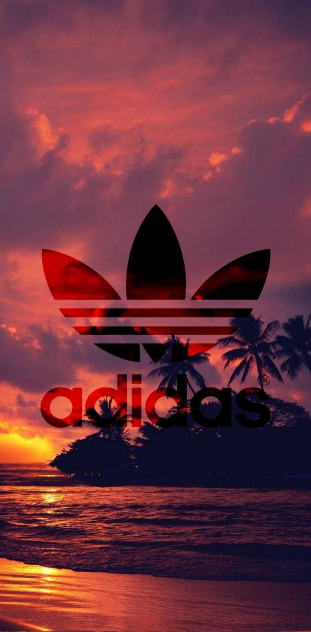 Adidas, Kleeblatt-Logo, Sonnenuntergang, Meer, Palmen, Rot, Hintergrundbild fürs Handy