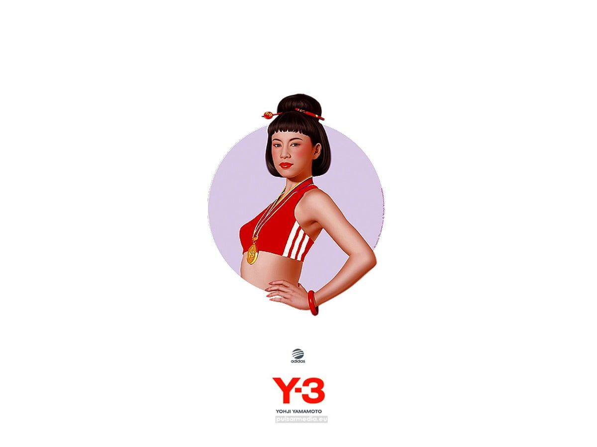 Y-3, Yohji Yamamoto, Adidas, Illustration, Frau, Rotes Top, Hintergrundbild fürs iPad