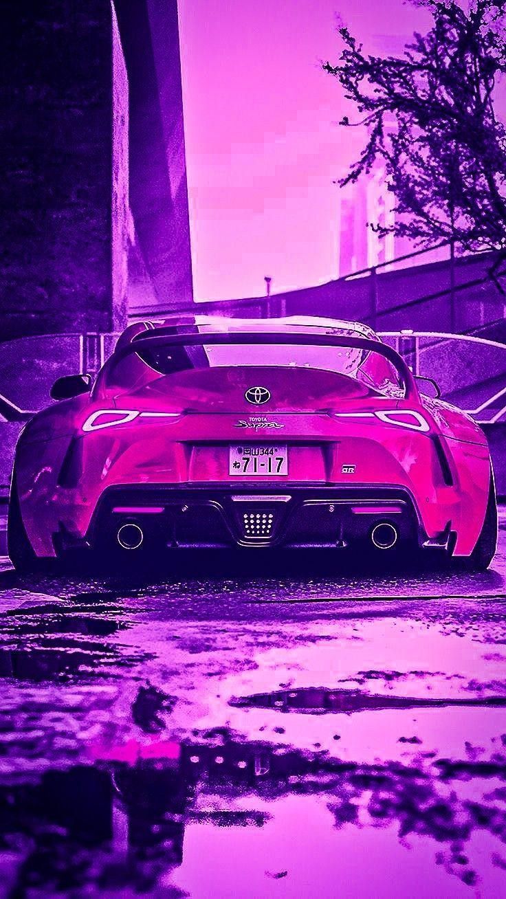 Sportwagen, Pink, Lila, Pfütze, Heckansicht, Synthwave, Hochformat, Hintergrundbild fürs Smartphone