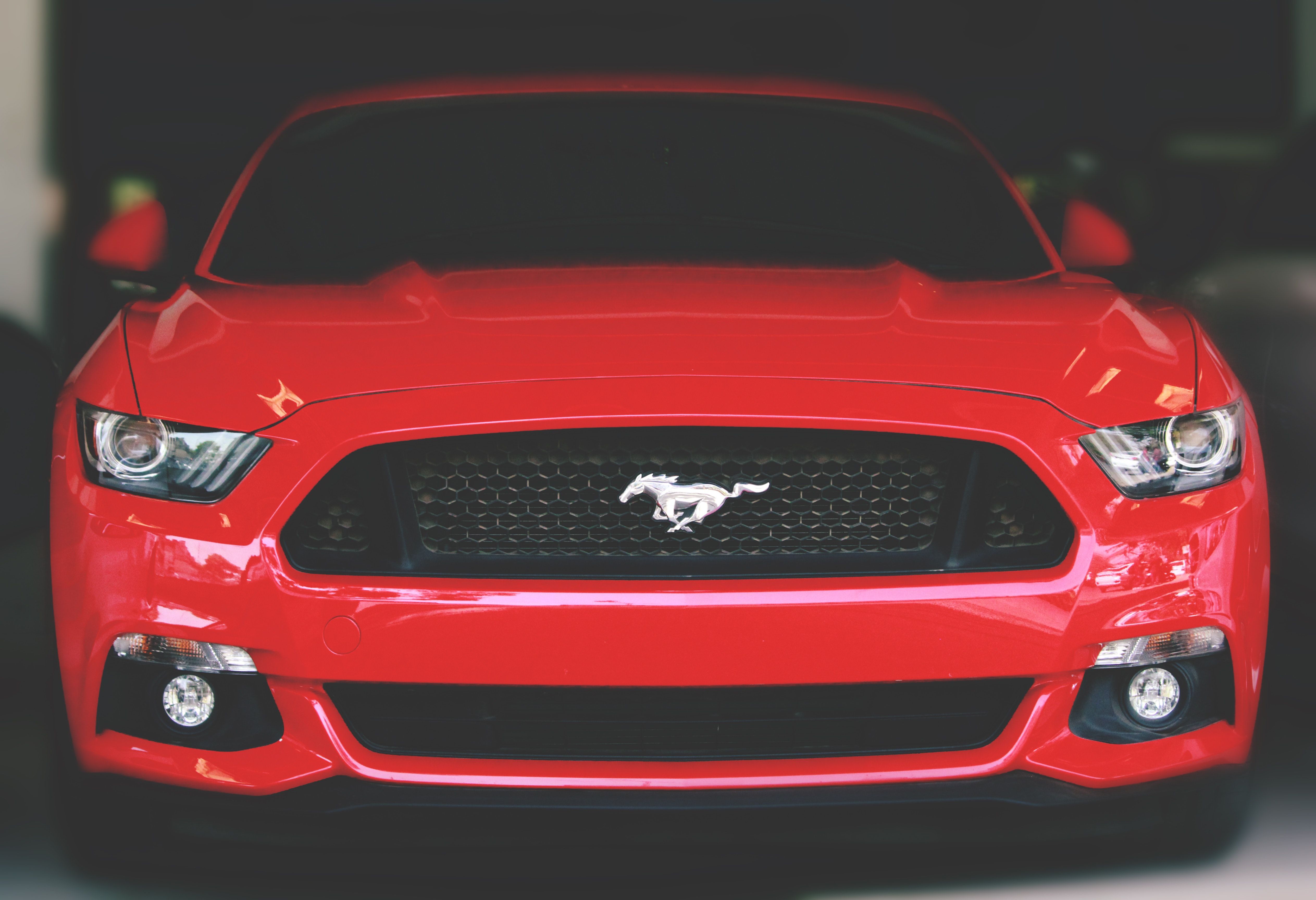 Ford Mustang, Rotes Auto, Muscle Car, Frontansicht, Kühlergrill, 4K, Laptop-Hintergrundbild