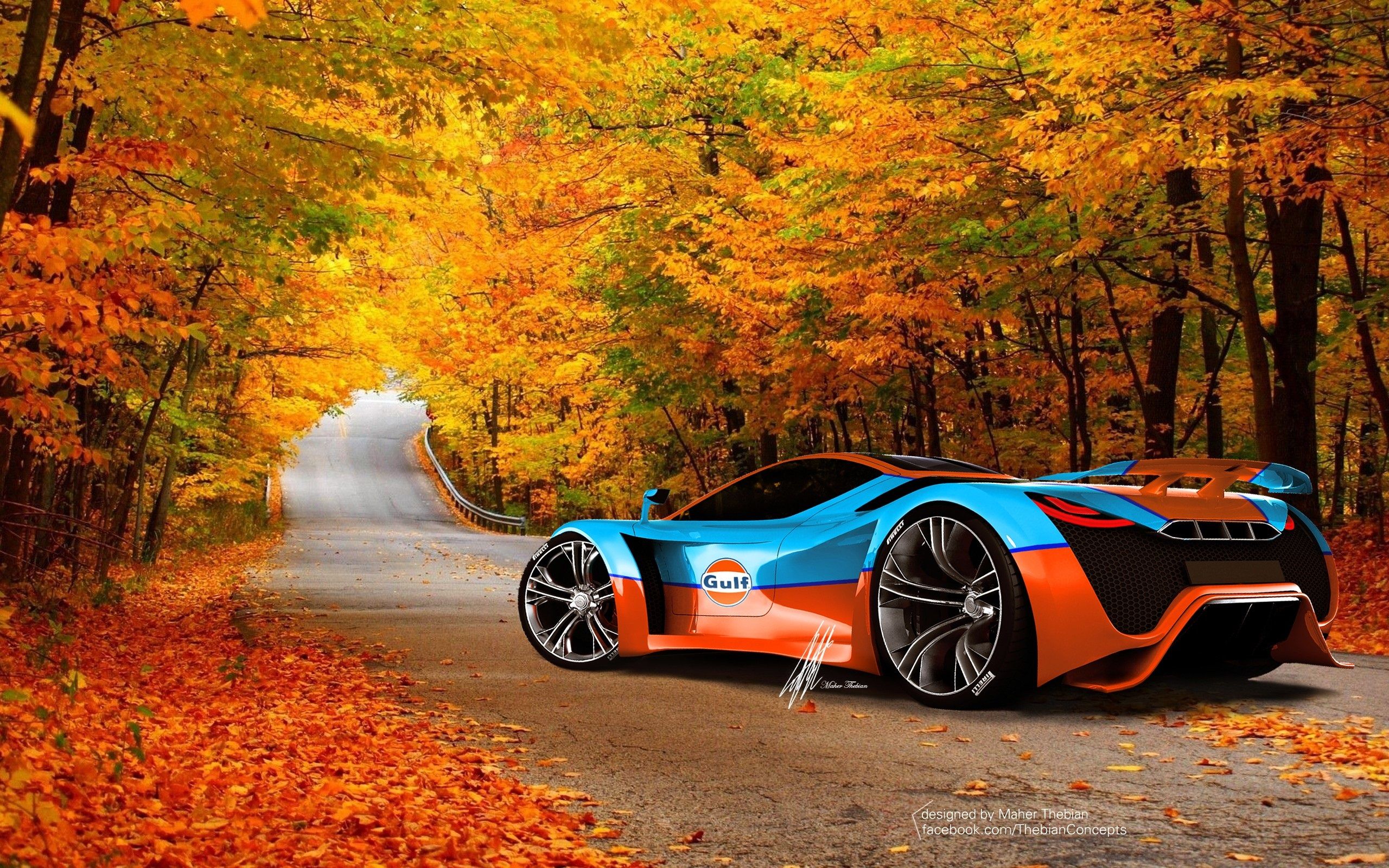 Supersportwagen, Herbst, Waldstraße, Herbstlaub, Orange, Blau, 2K, Desktop-Hintergrund