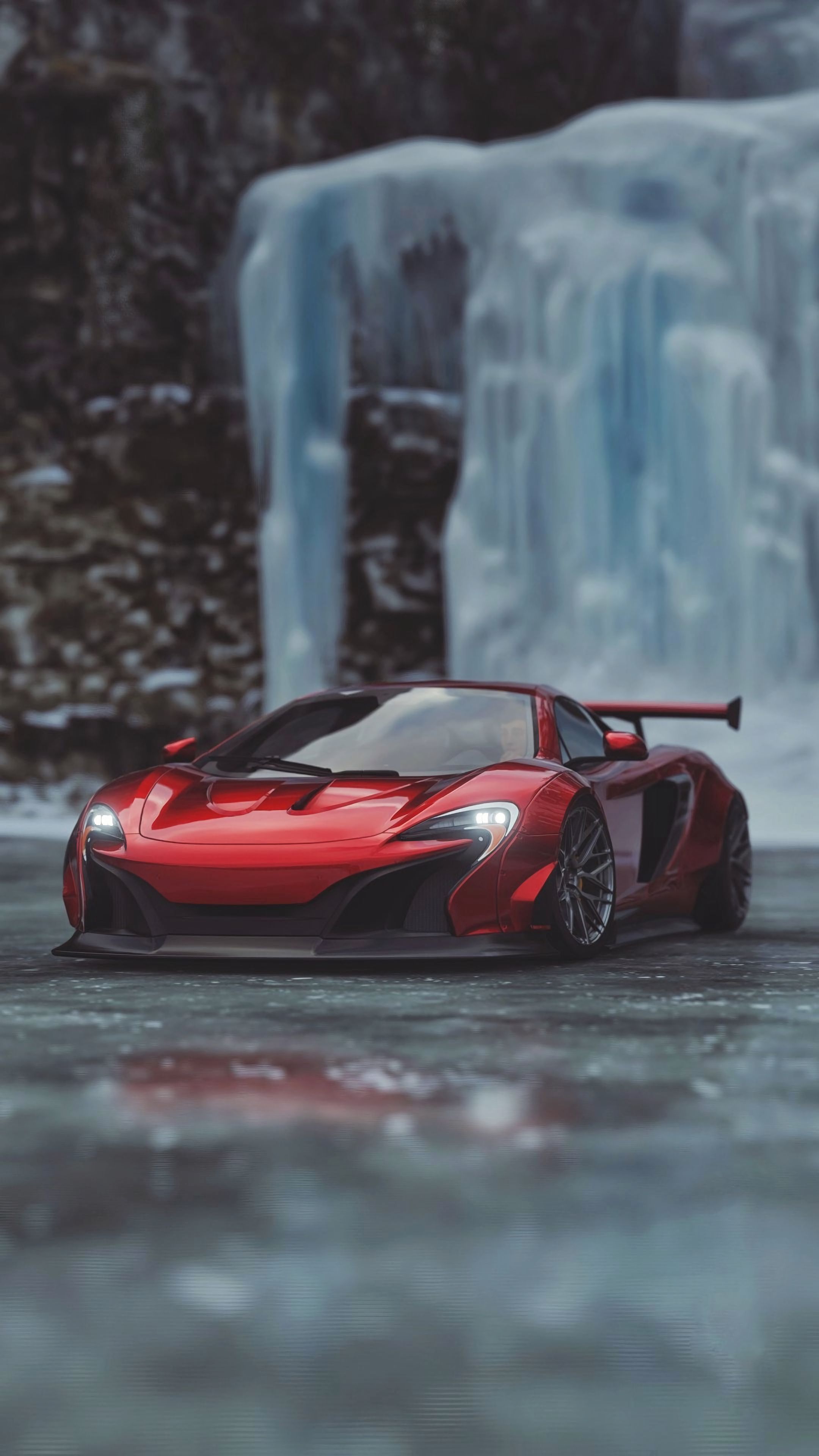 Supersportwagen, Rotes Auto, Eiswand, Gefrorener Wasserfall, Nebel, QHD+, iPhone-Hintergrundbild