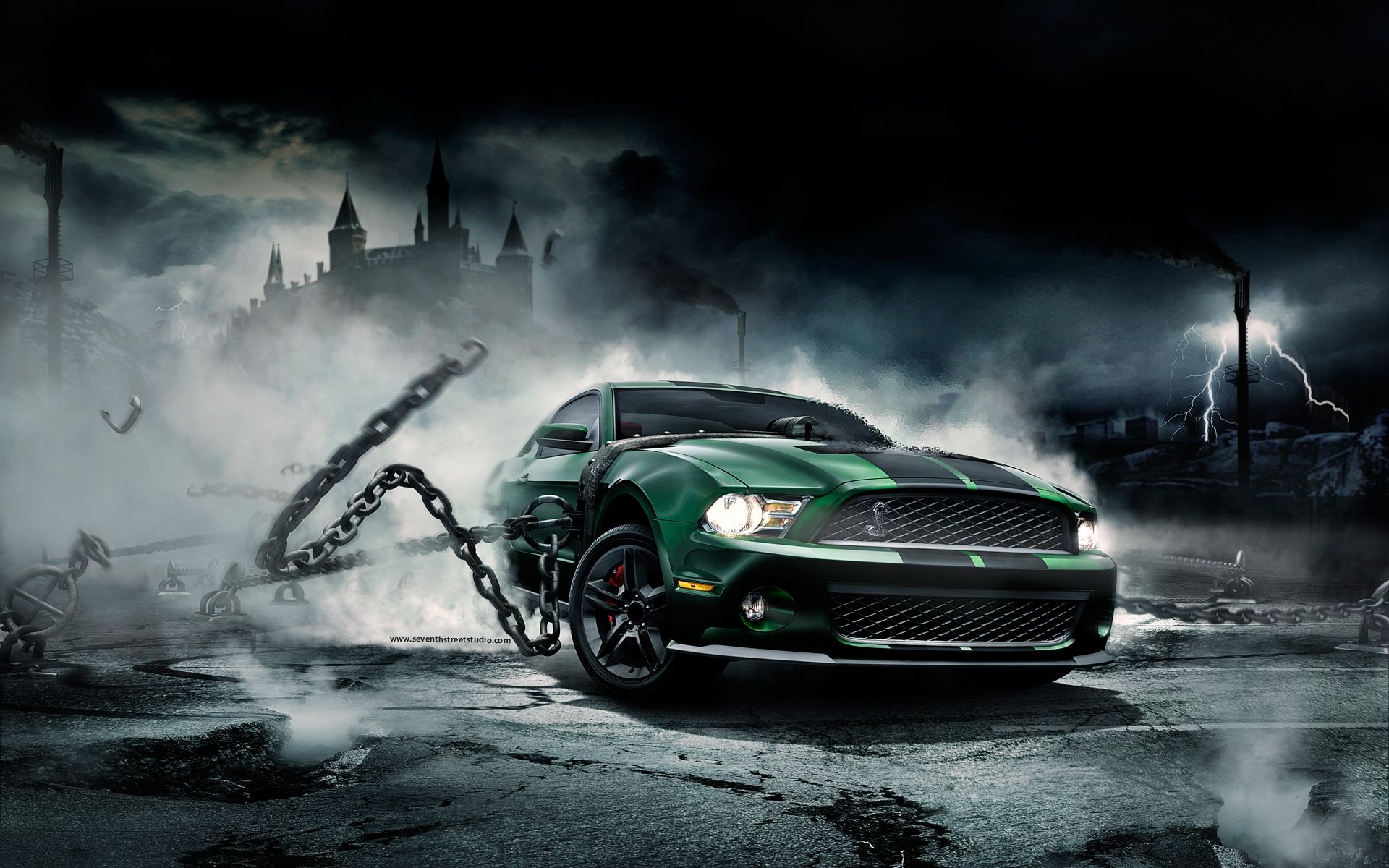 Ford Mustang, Sportwagen, Ketten, Schloss, Rauch, Düstere Stimmung, Full HD, Breitbild-Hintergrundbild