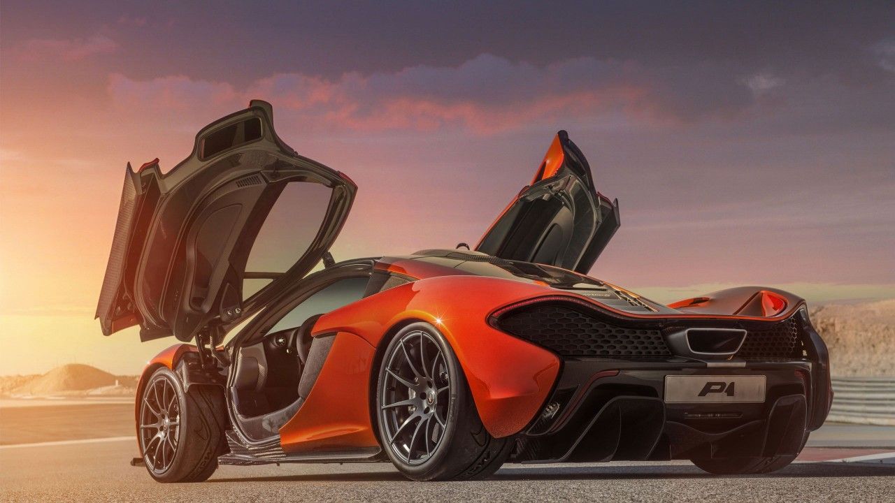 McLaren P1, Flügeltüren, Hypercar, Sonnenuntergang, Orange, HD, Breitbild-Hintergrundbild