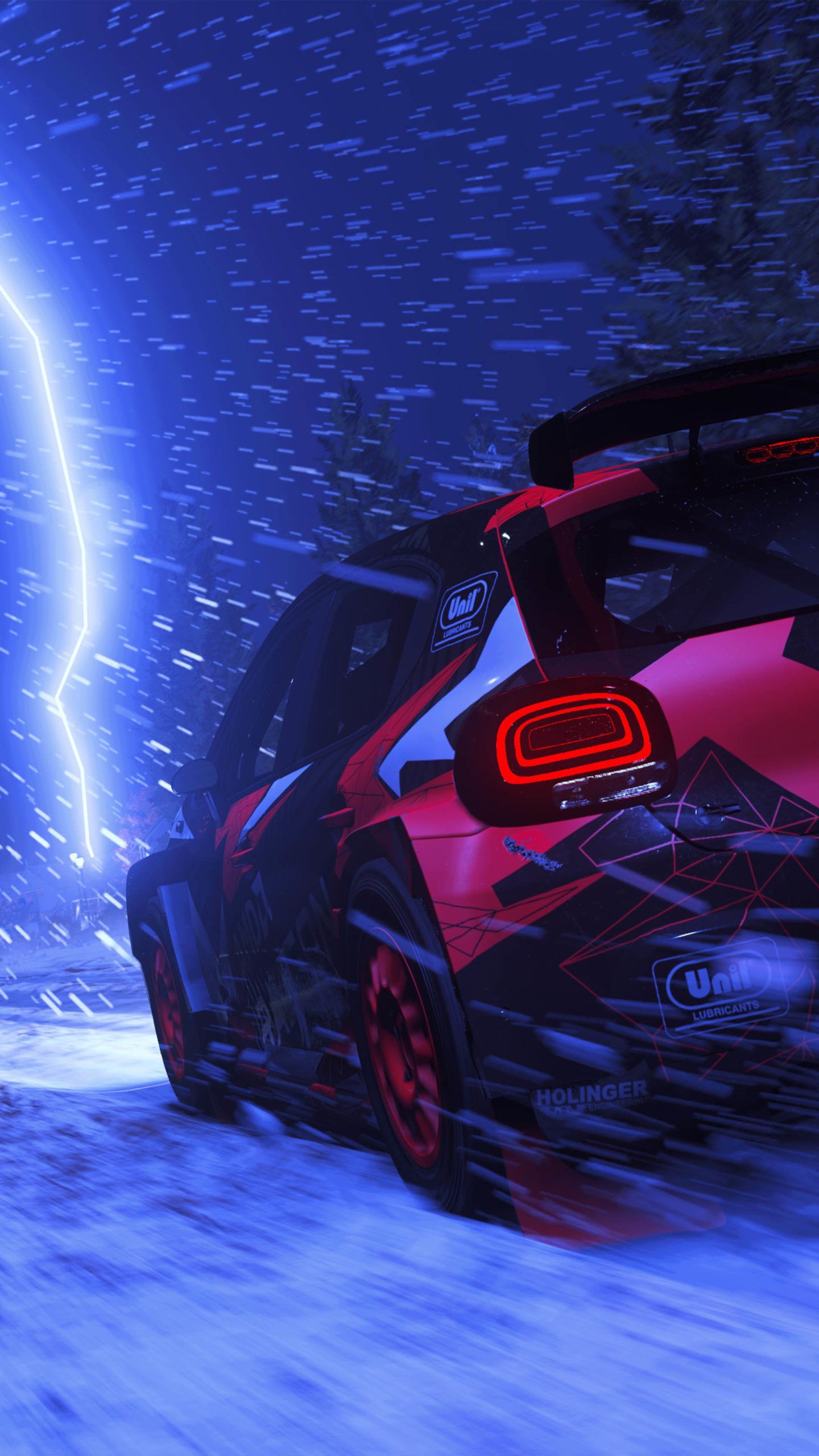 Sportwagen, Blitz, Schnee, Rotes Auto, Blau, Drift, QHD+, Sperrbildschirm fürs iPhone
