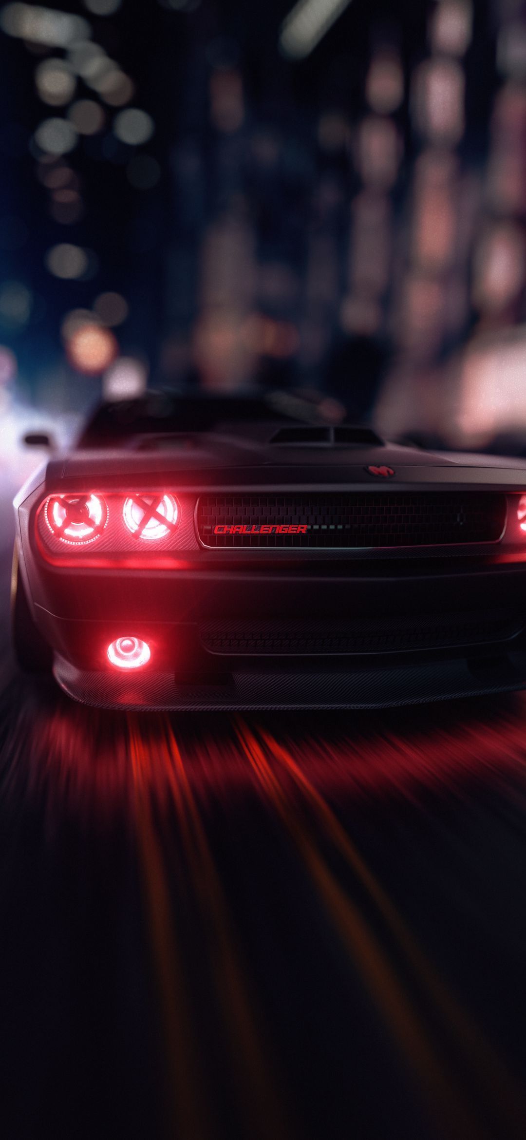 Dodge Challenger, Rote Lichter, Nacht, Bokeh, Muscle Car, Full HD, Handy-Hintergrund