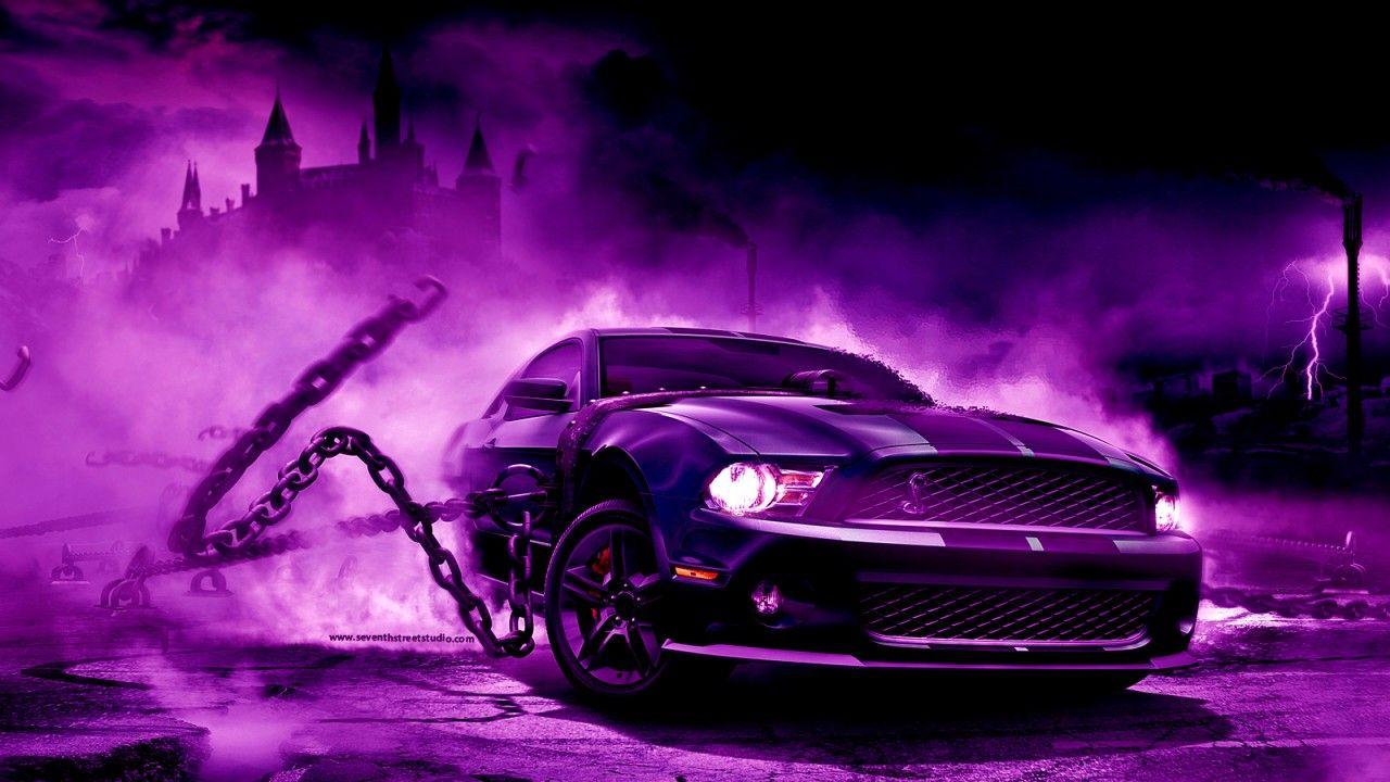 Ford Mustang, Ketten, Lila Rauch, Düster, Blitz, Muscle Car, HD, Windows-Hintergrundbild