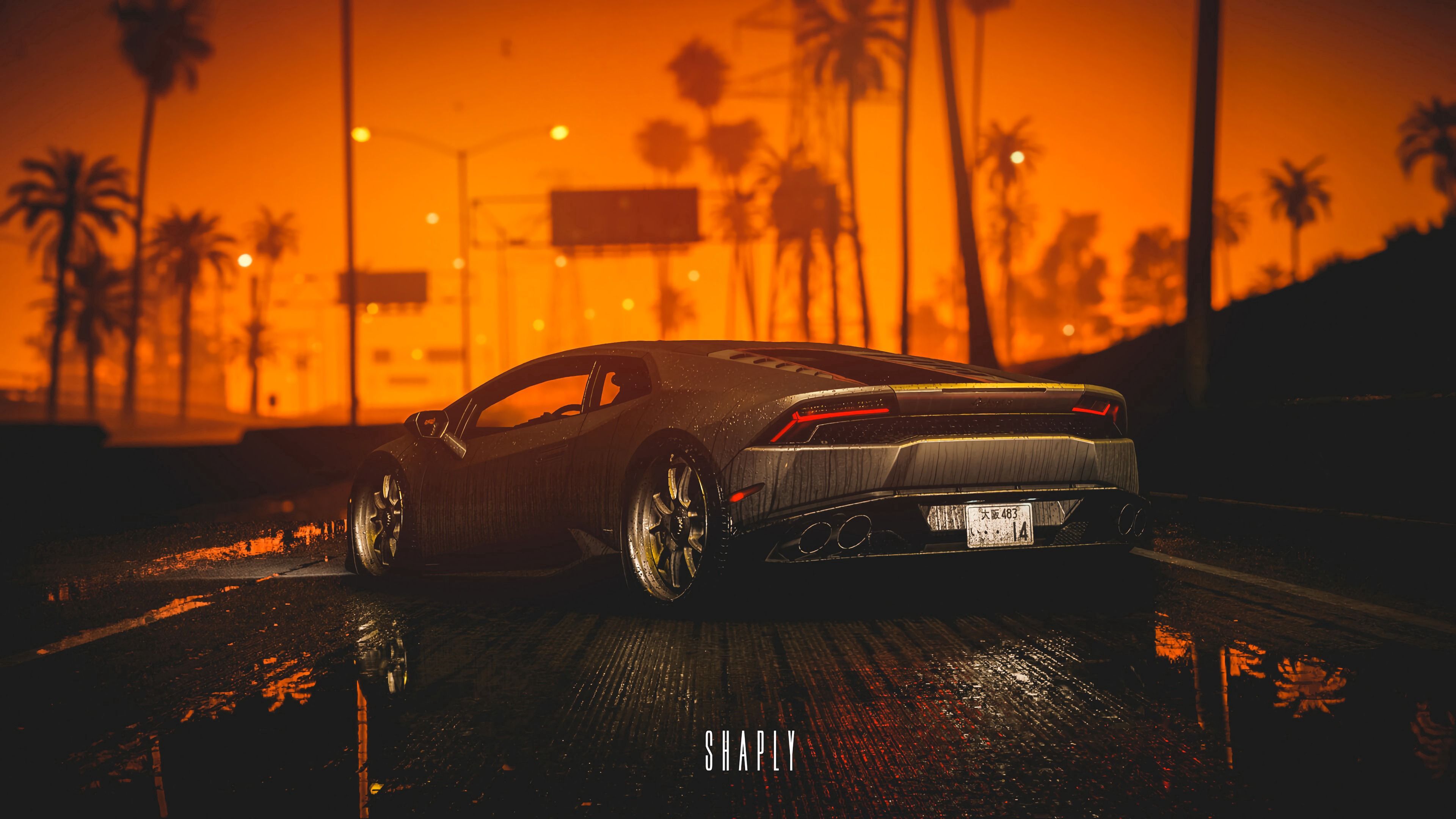 Lamborghini Huracán, Lamborghini, Sonnenuntergang, Palmen, Orange, Nasse Straße, 2160p Wallpaper