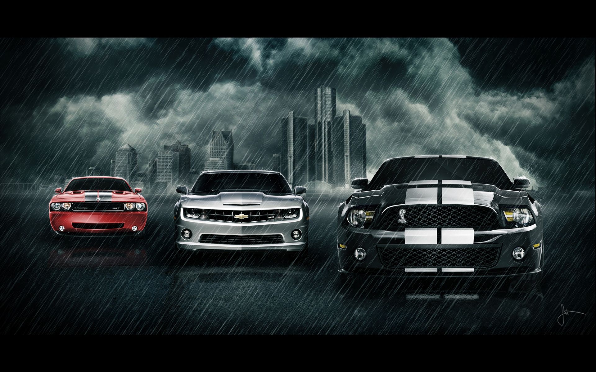 Chevrolet Camaro, Ford Mustang, Muscle Cars, Regen, Gewitterwolken, Skyline, Full-HD-Hintergrund
