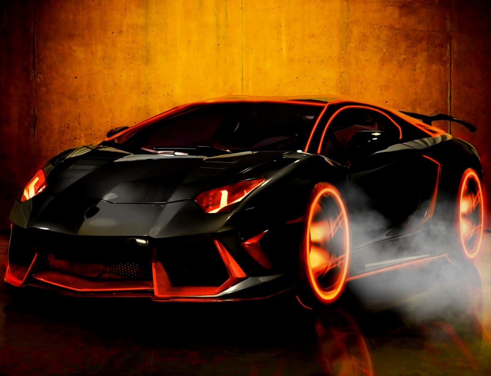 Lamborghini Aventador, Lamborghini, Glühende Felgen, Rauch, Orange, Schwarzes Auto, HD-Hintergrund