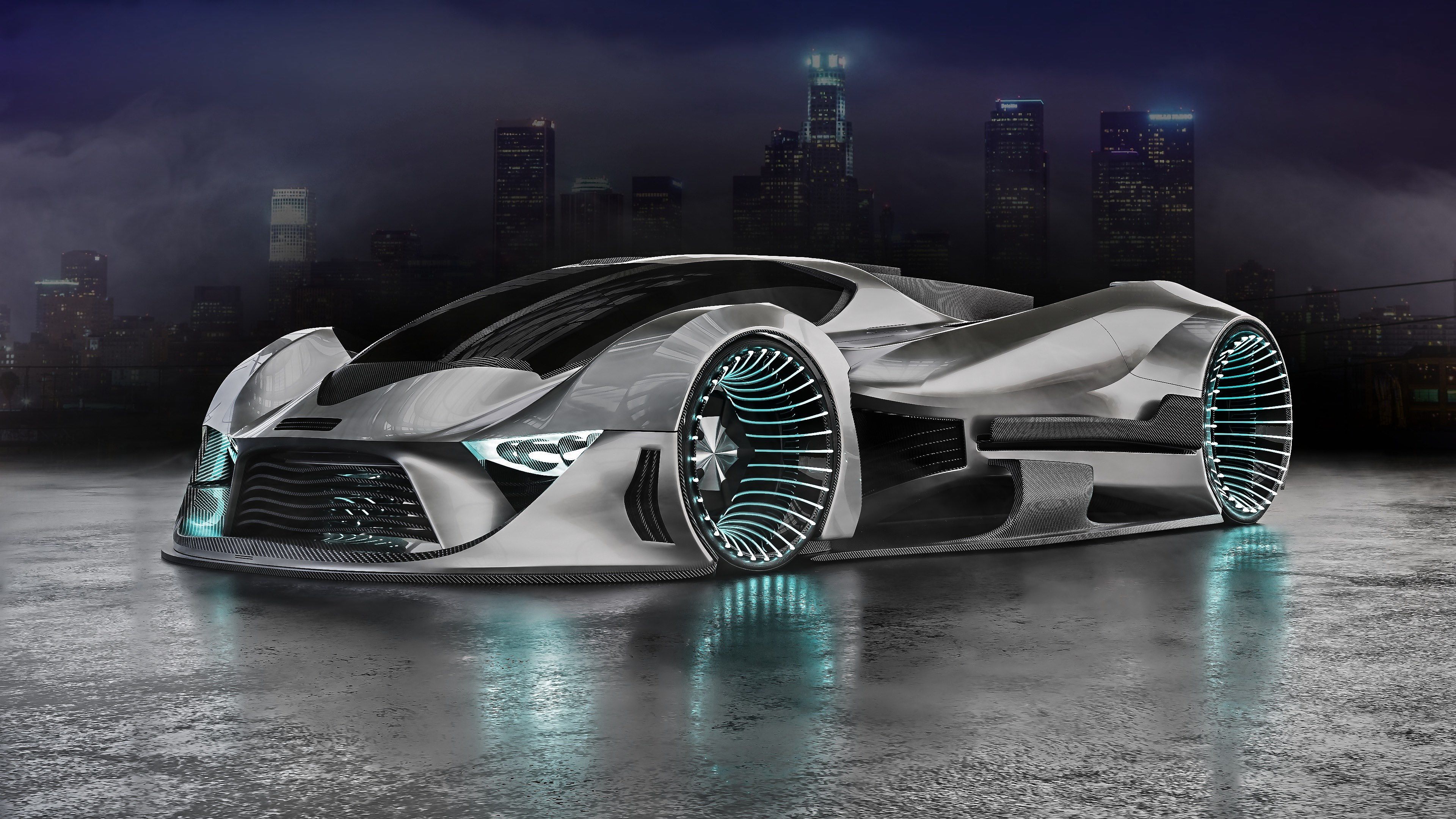 Konzeptauto, Futuristisch, Silber, Stadt bei Nacht, Leuchtende Felgen, 3840x2160, PC-Hintergrundbild