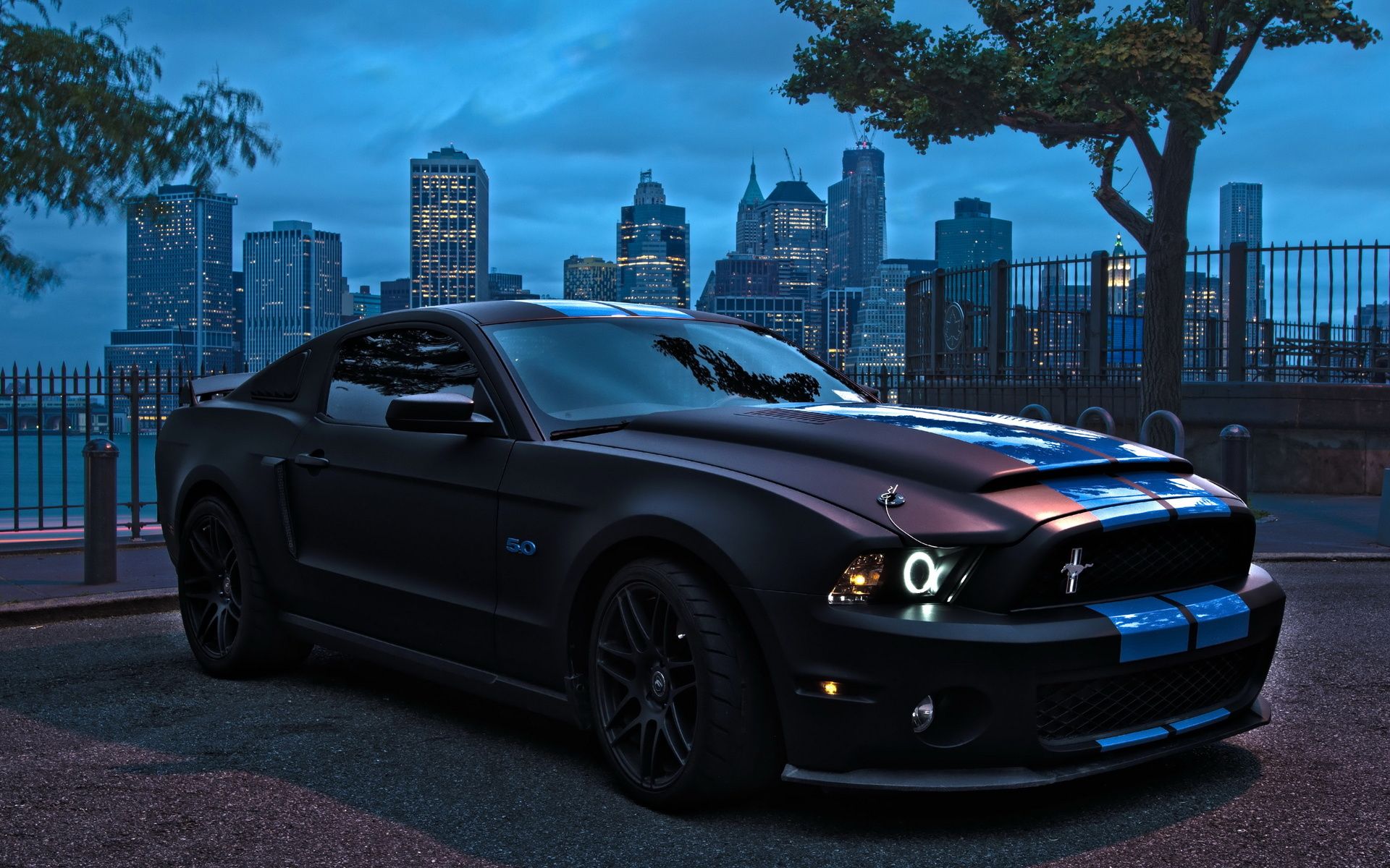 Ford Mustang Shelby GT500, Muscle Car, Schwarzes Auto, Skyline, Dämmerung, Blaue Streifen, Full-HD-Hintergrundbild