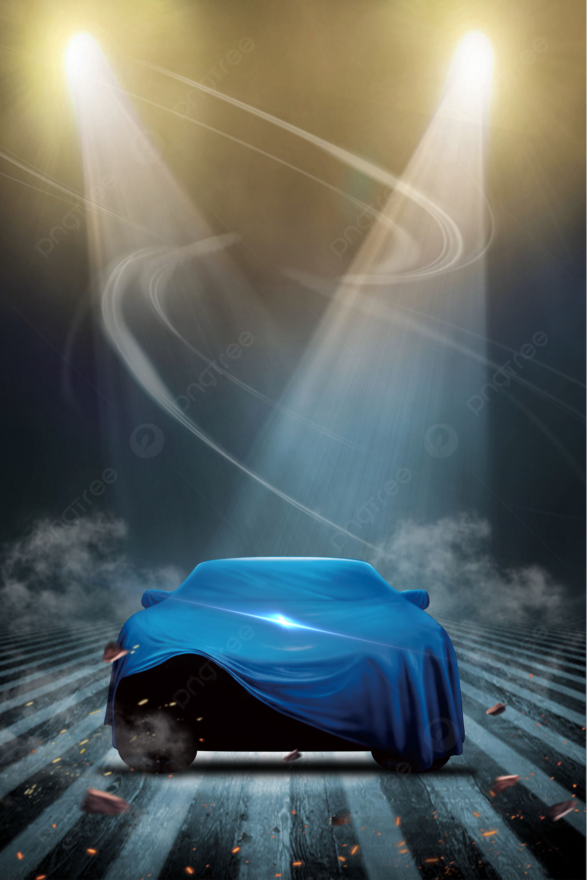 Abgedecktes Auto, Scheinwerferlicht, Bühne, Präsentation, Blaue Plane, Full HD, Tablet-Hintergrund