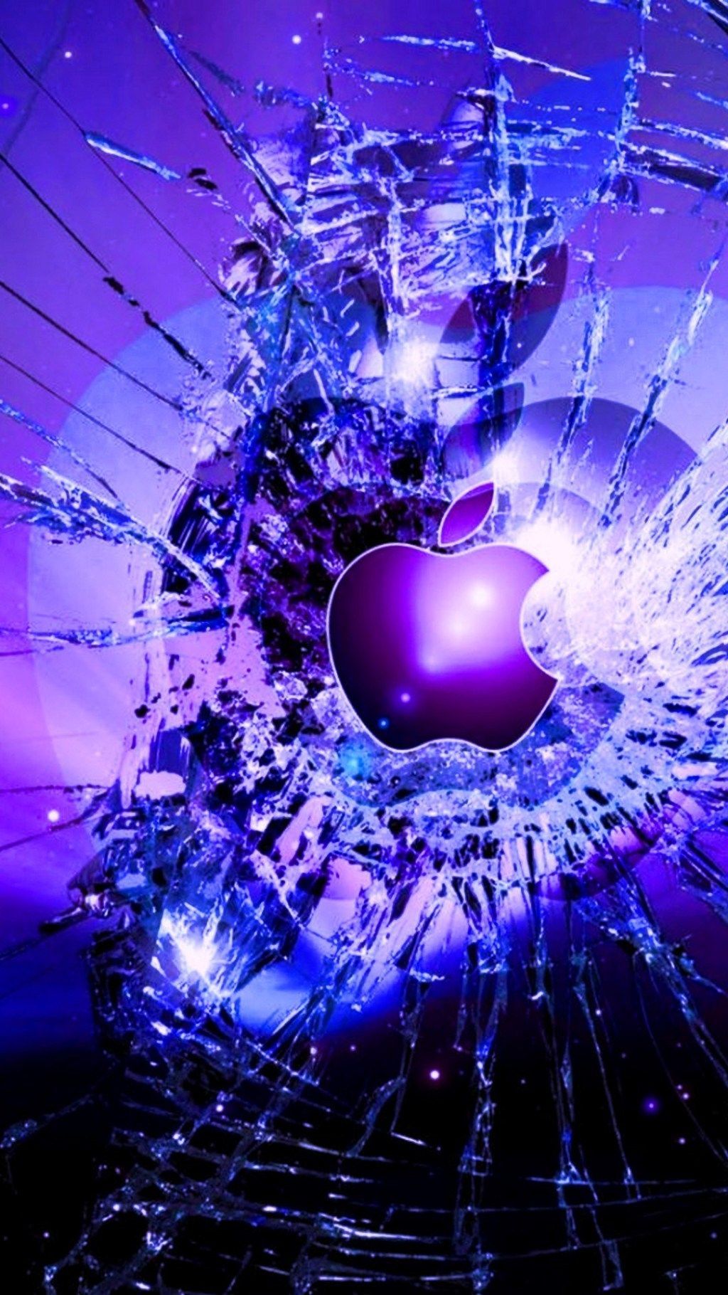 Apple-Logo, Zersplittertes Glas, Lila, Leuchten, Hochformat, HD, iPhone-Hintergrundbild