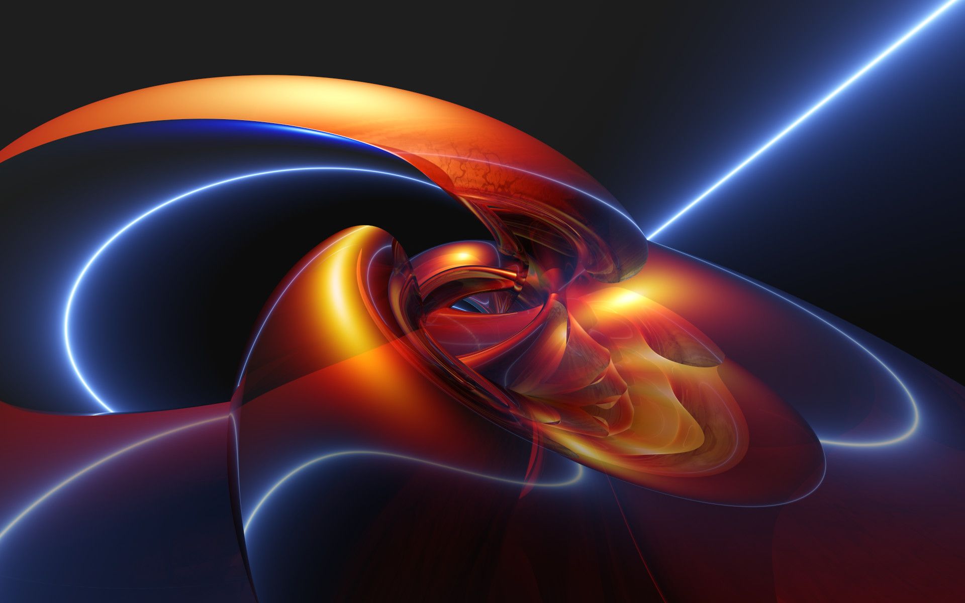 Abstrakte Ringe, Orange-Blau, Lichtstrahl, 3D-Rendering, Dunkel, Full-HD-Hintergrundbild für PC