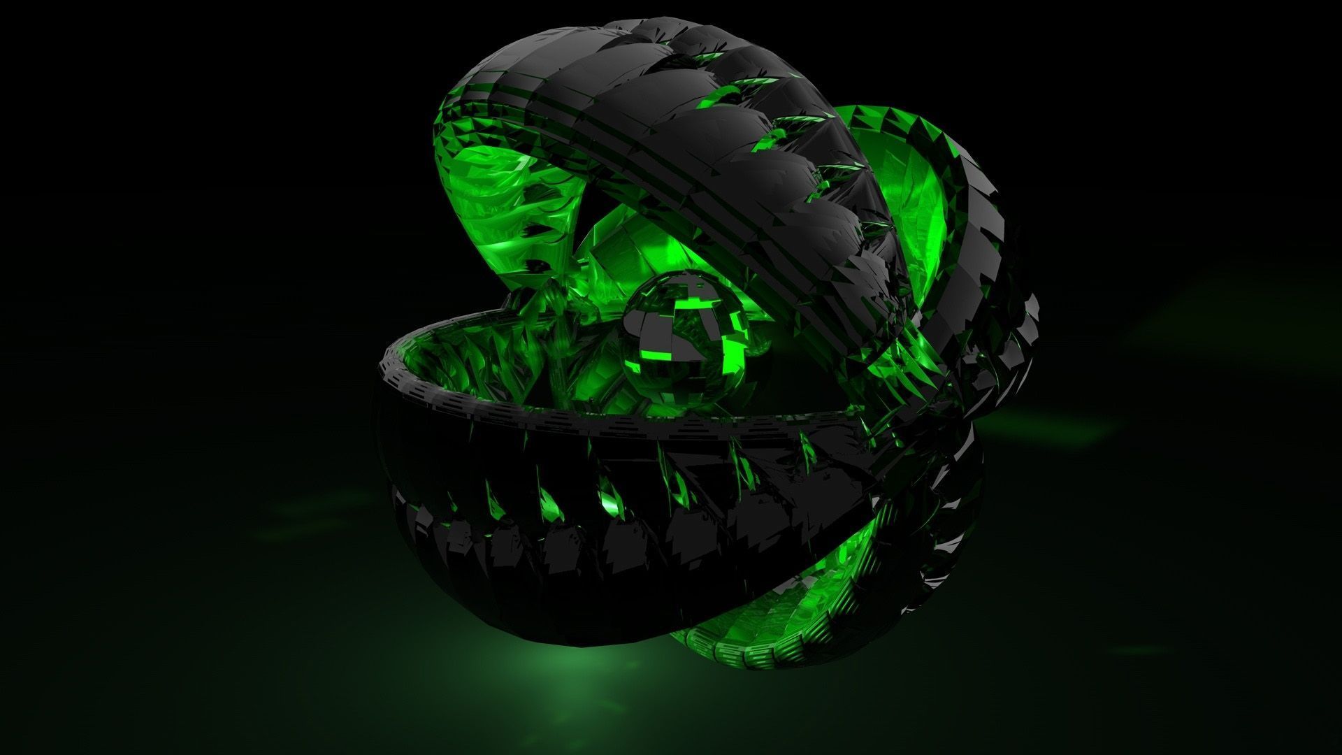 Kugel, Grünes Leuchten, Mechanisch, 3D-Rendering, Schwarzer Hintergrund, Full HD Wallpaper