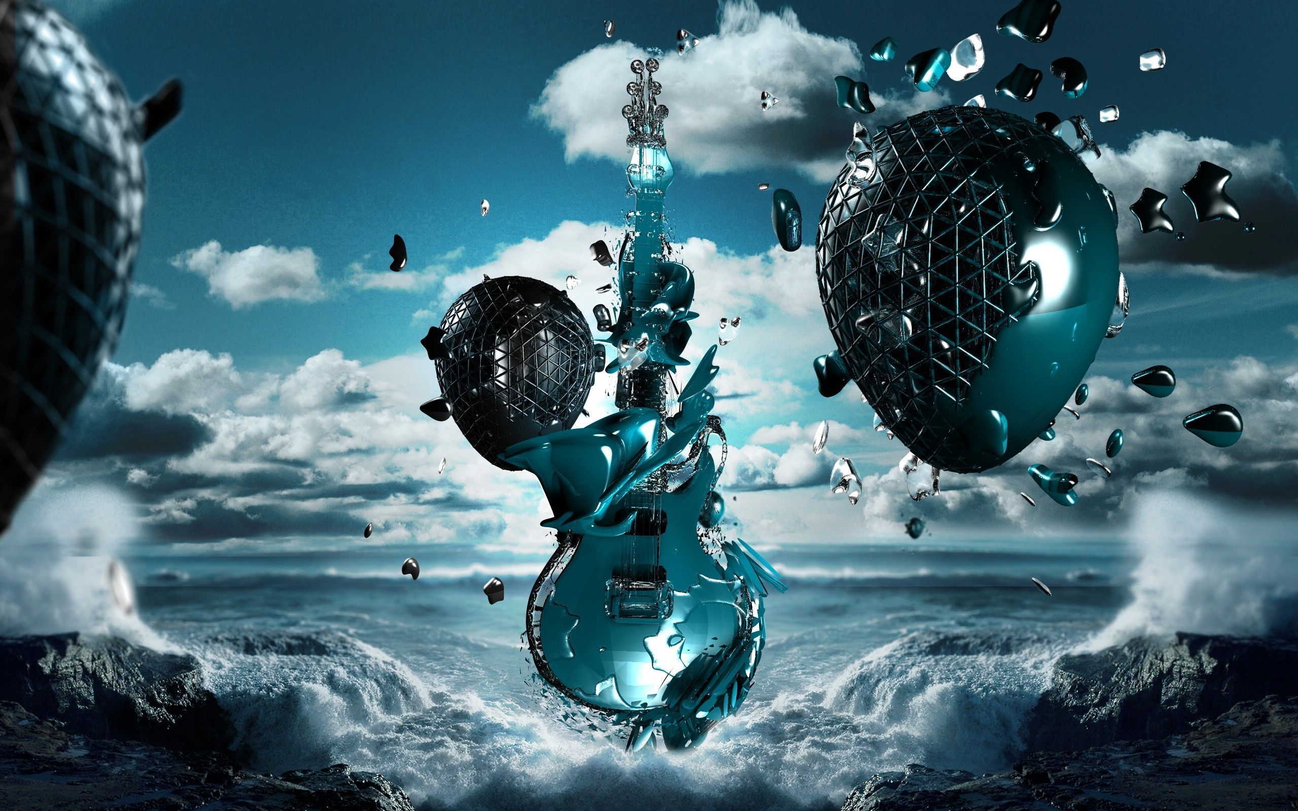 E-Gitarre, Lautsprecher, Meer, Wolken, Surreal, Fotomontage, 2K, Windows-Hintergrundbild