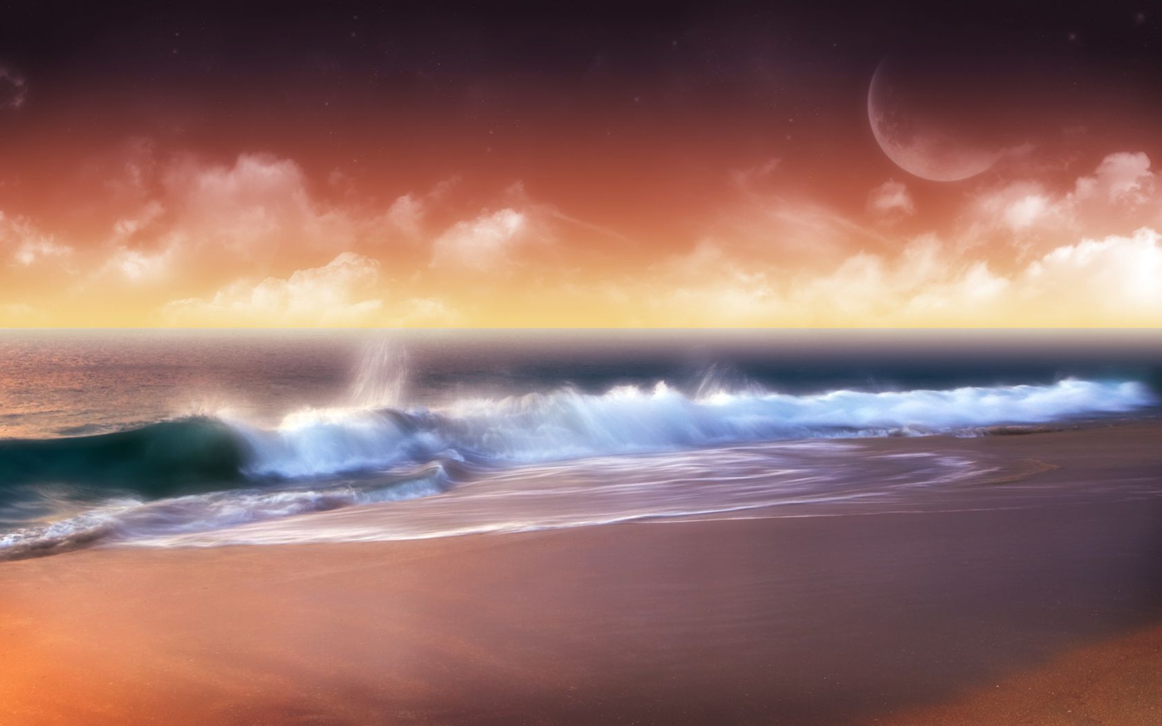 Strand, Welle, Sonnenuntergang, Mond, Digitale Kunst, 16:10, HD-Hintergrundbild für den Desktop