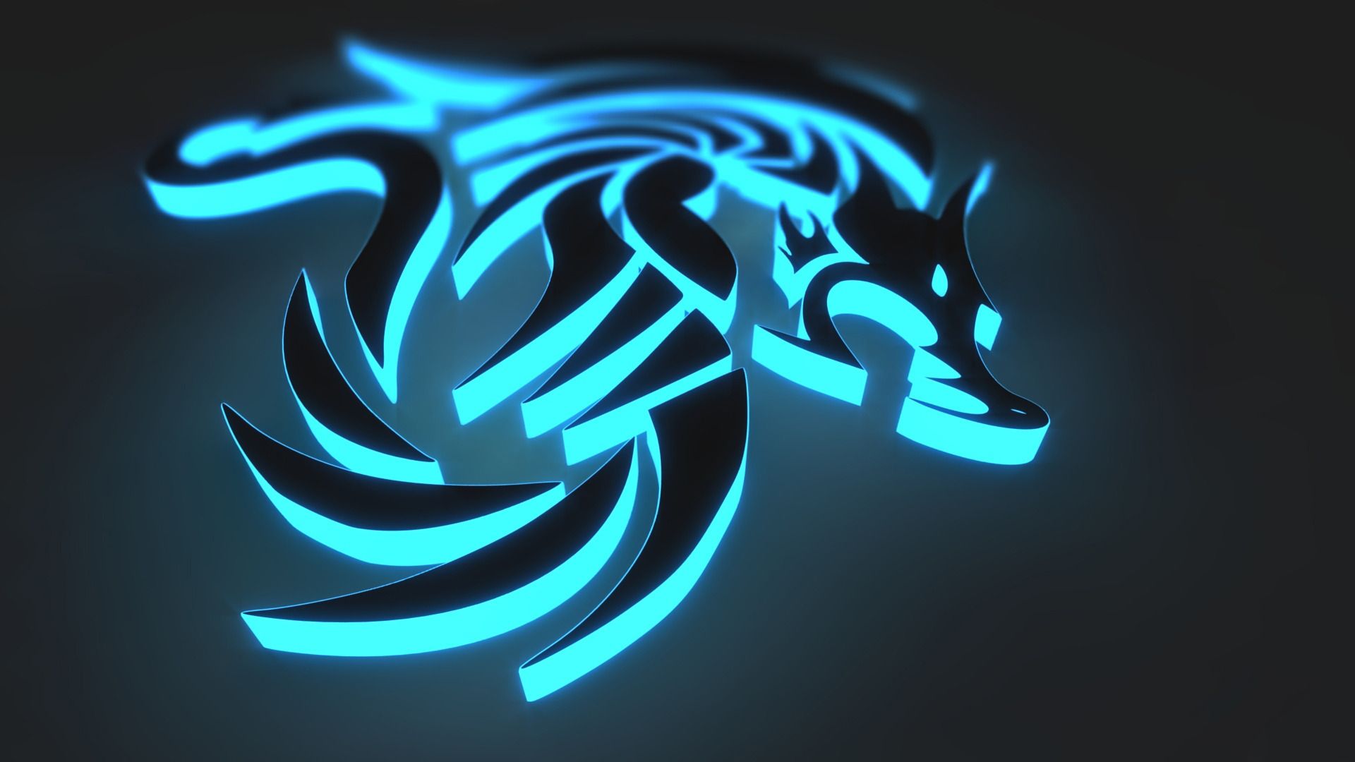 Wolf-Logo, Neonblau, Tribal, Leuchten, Grauer Hintergrund, Full HD Wallpaper