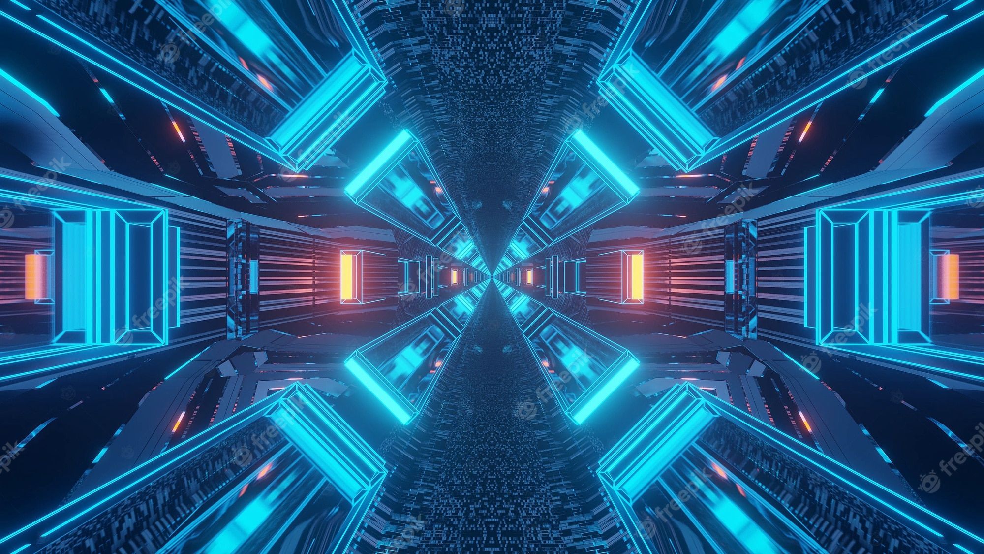 Neon-Tunnel, Blaue Lichter, Symmetrie, Science-Fiction, Perspektive, Full-HD-Hintergrundbild für PC