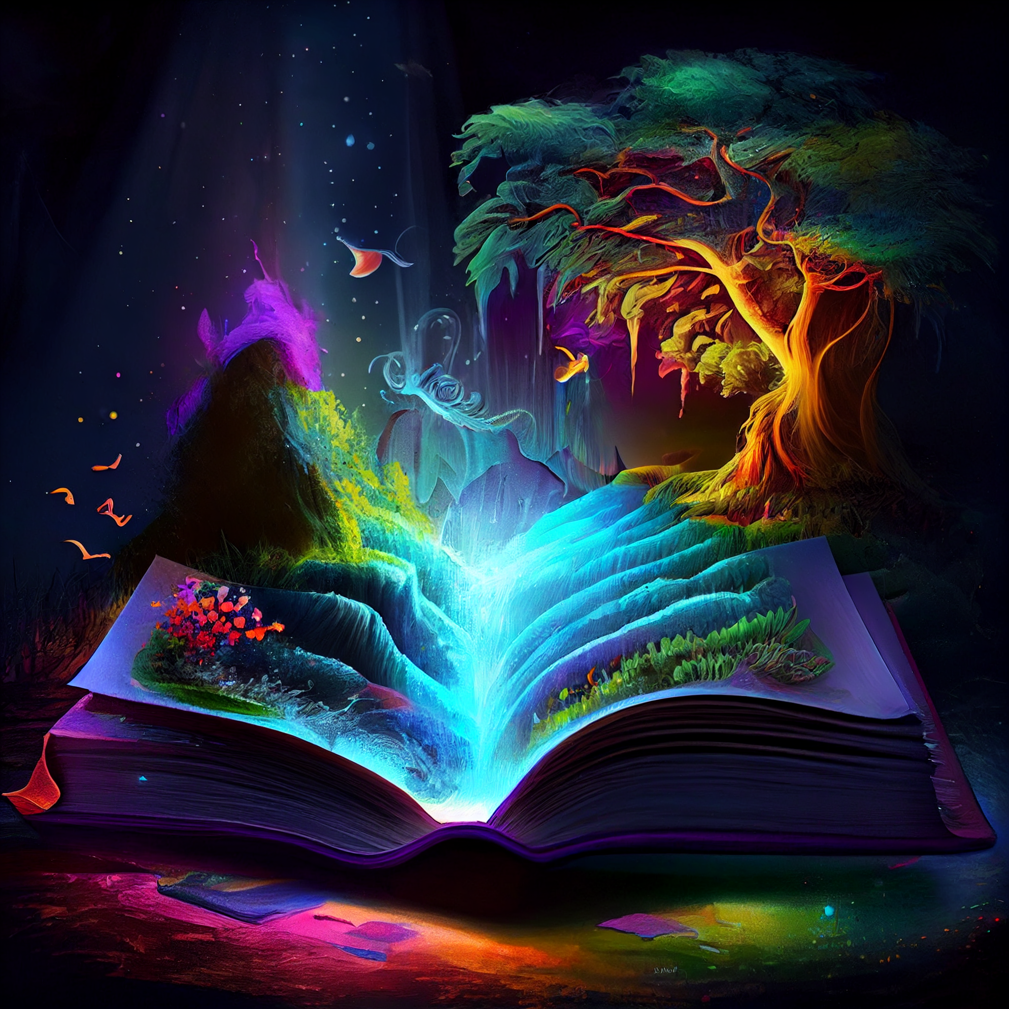 Offenes Buch, Fantasy, Baum, Leuchtende Farben, Magie, Full HD, iPad-Hintergrundbild