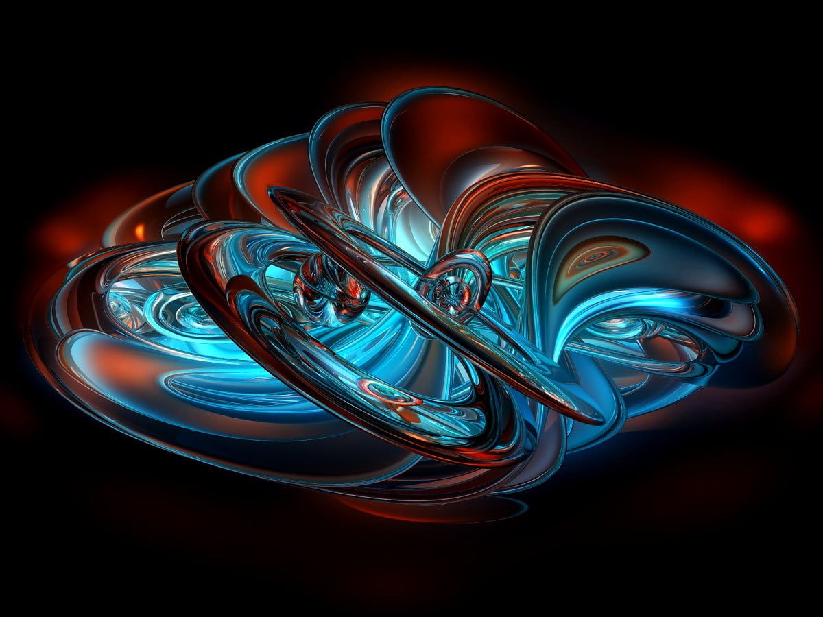 Abstrakte Ringe, Türkis-Rot, Glas, Schwarzer Hintergrund, 3D-Rendering, Wallpaper
