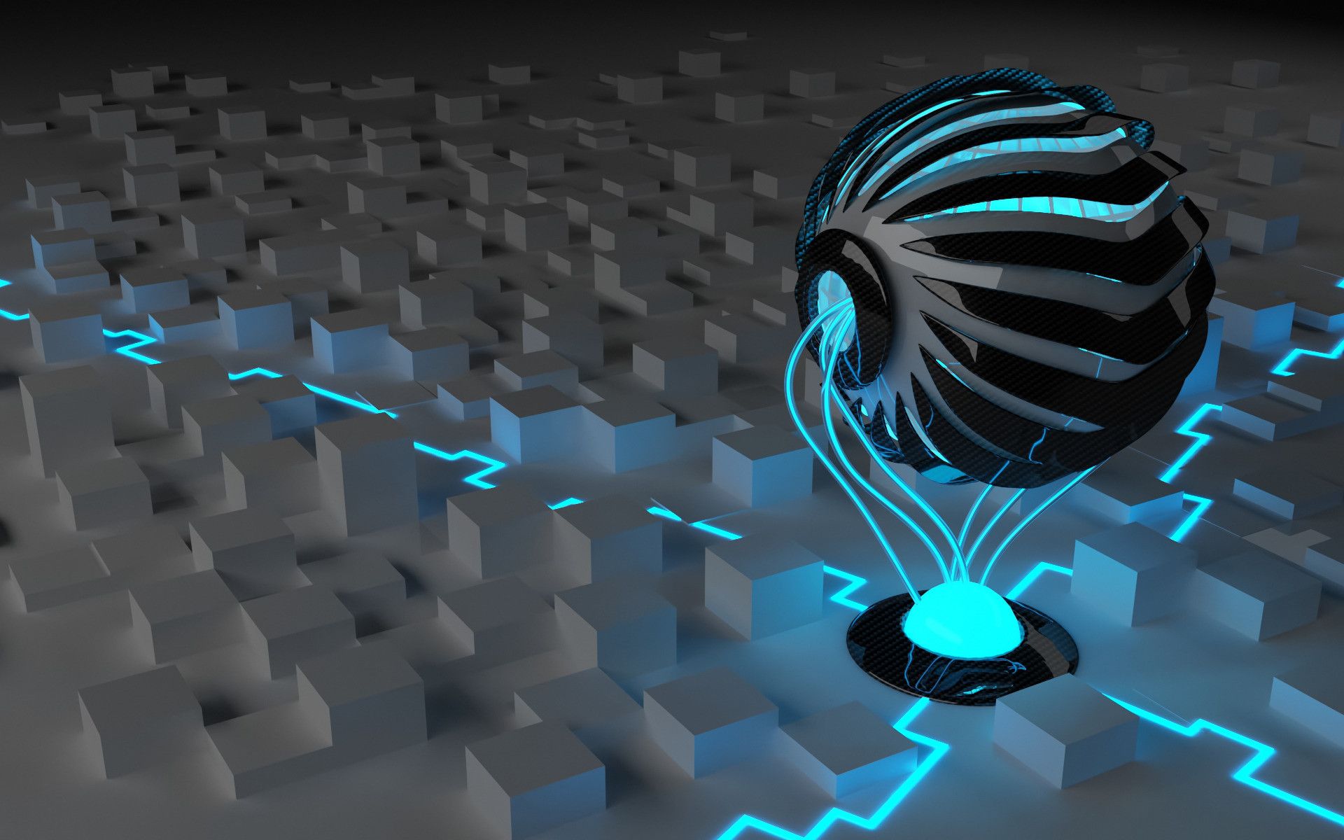 Schwebende Kugel, Sechseckblöcke, Türkises Leuchten, Science-Fiction, 3D-Rendering, Dunkel, Full-HD-Hintergrundbild