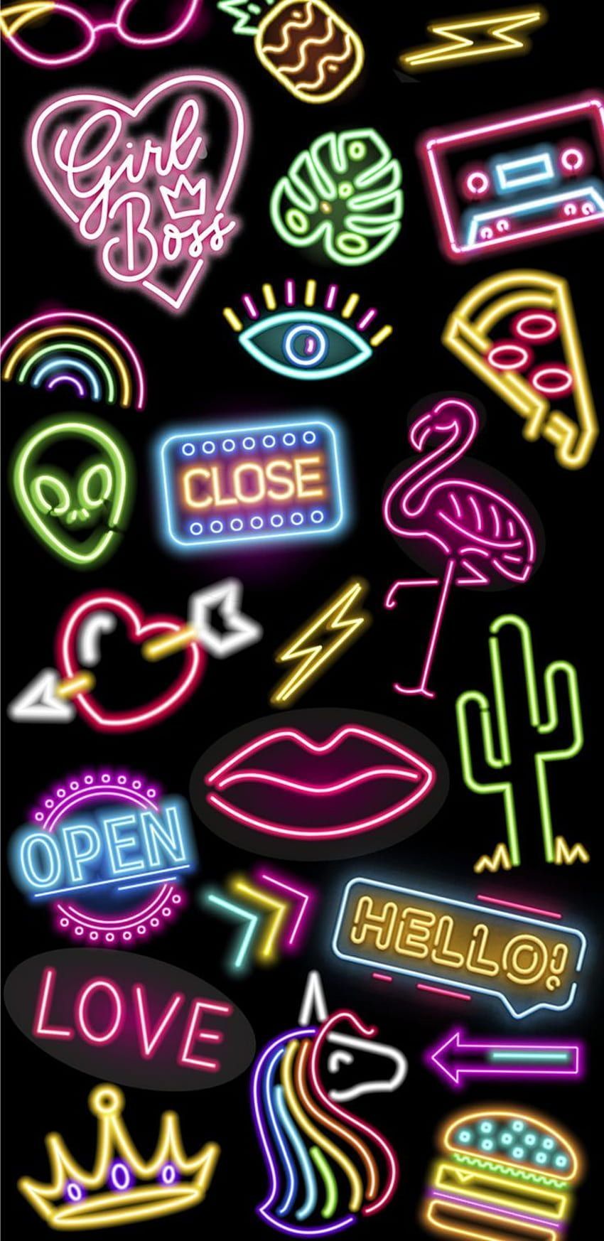 Neon-Sticker, Leuchtschilder, Flamingo, Kaktus, Bunt, Schwarzer Hintergrund, Sperrbildschirm