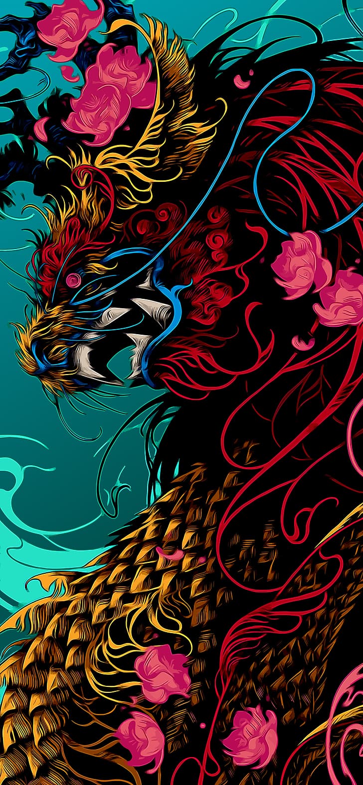 Drache, Rosa Blüten, Illustration, Asiatischer Stil, Türkis, HD, Handy-Hintergrundbild