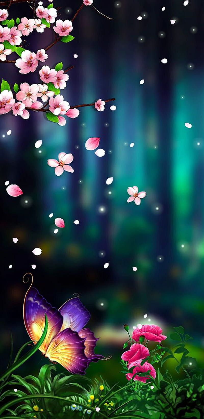Schmetterling, Blüten, Fantasy, Pilze, Lichter, Grün, HD, Hintergrundbild fürs Handy