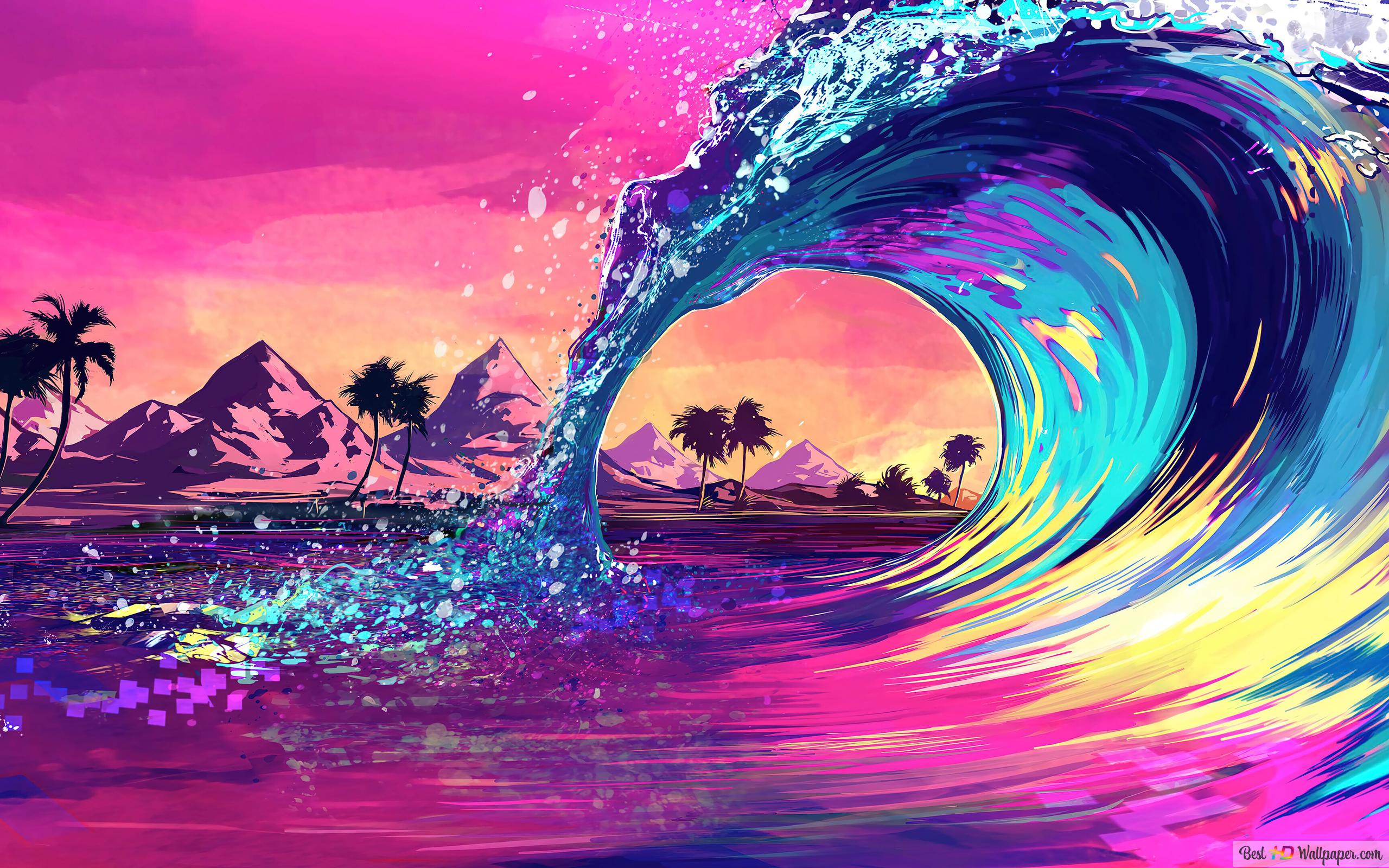 Welle, Pyramiden, Palmen, Surreal, Pink, Illustration, 16:10, 2K-Hintergrundbild für den Desktop