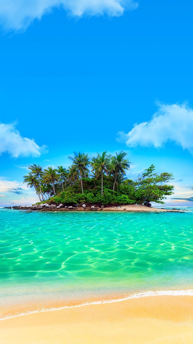 Tropische Insel, Palmen, Türkises Meer, Strand, Blauer Himmel, Hintergrundbild fürs Handy