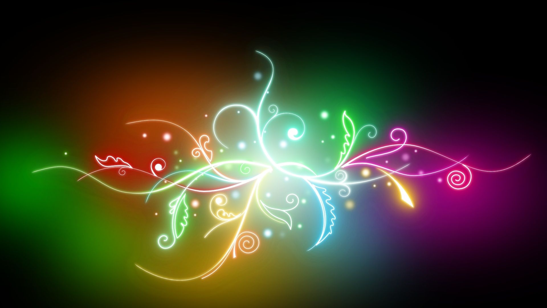 Neon-Ornamente, Schnörkel, Leuchtend, Schwarzer Hintergrund, Florales Muster, 1080p Wallpaper