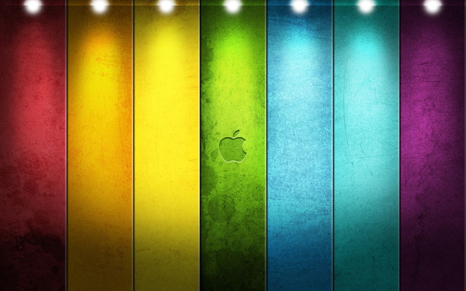 Apple, Apple-Logo, Farbige Paneele, Spotlights, Grunge-Textur, Full-HD-Hintergrundbild für PC