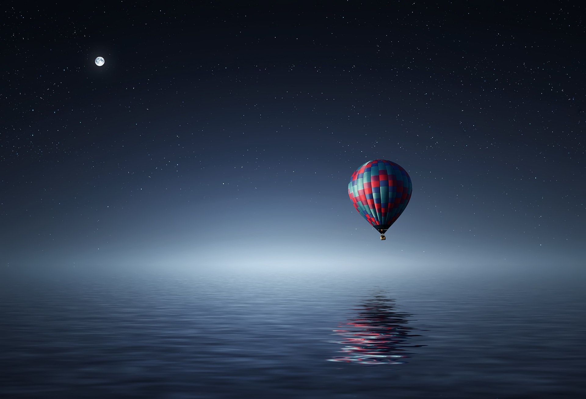Heißluftballon, Meer, Nacht, Minimalistisch, Spiegelung, Full HD, Desktop-Hintergrund