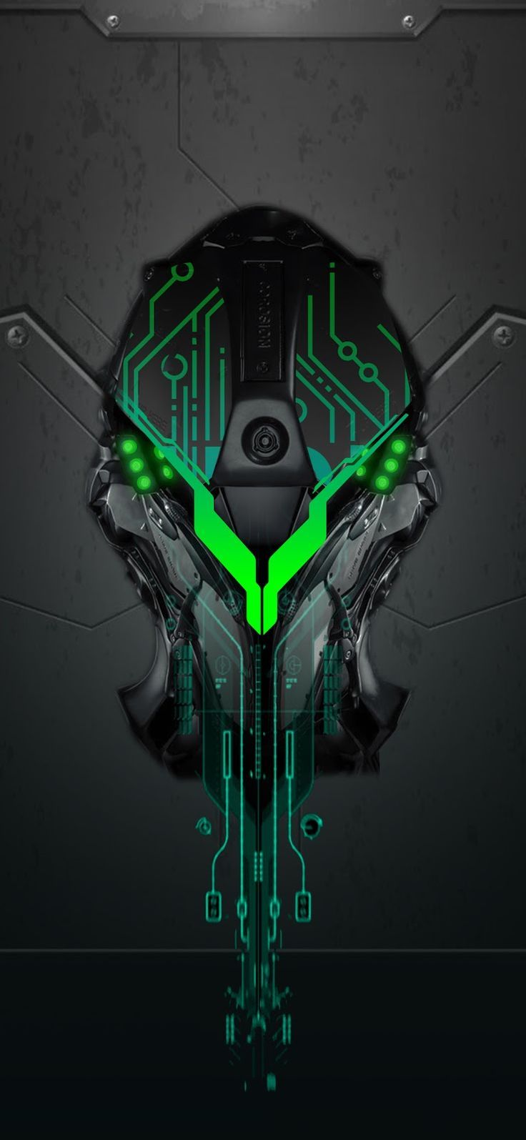 Roboterkopf, Grüne Lichter, Sci-Fi, Dunkel, Mecha, HD, Handy-Hintergrund im Hochformat