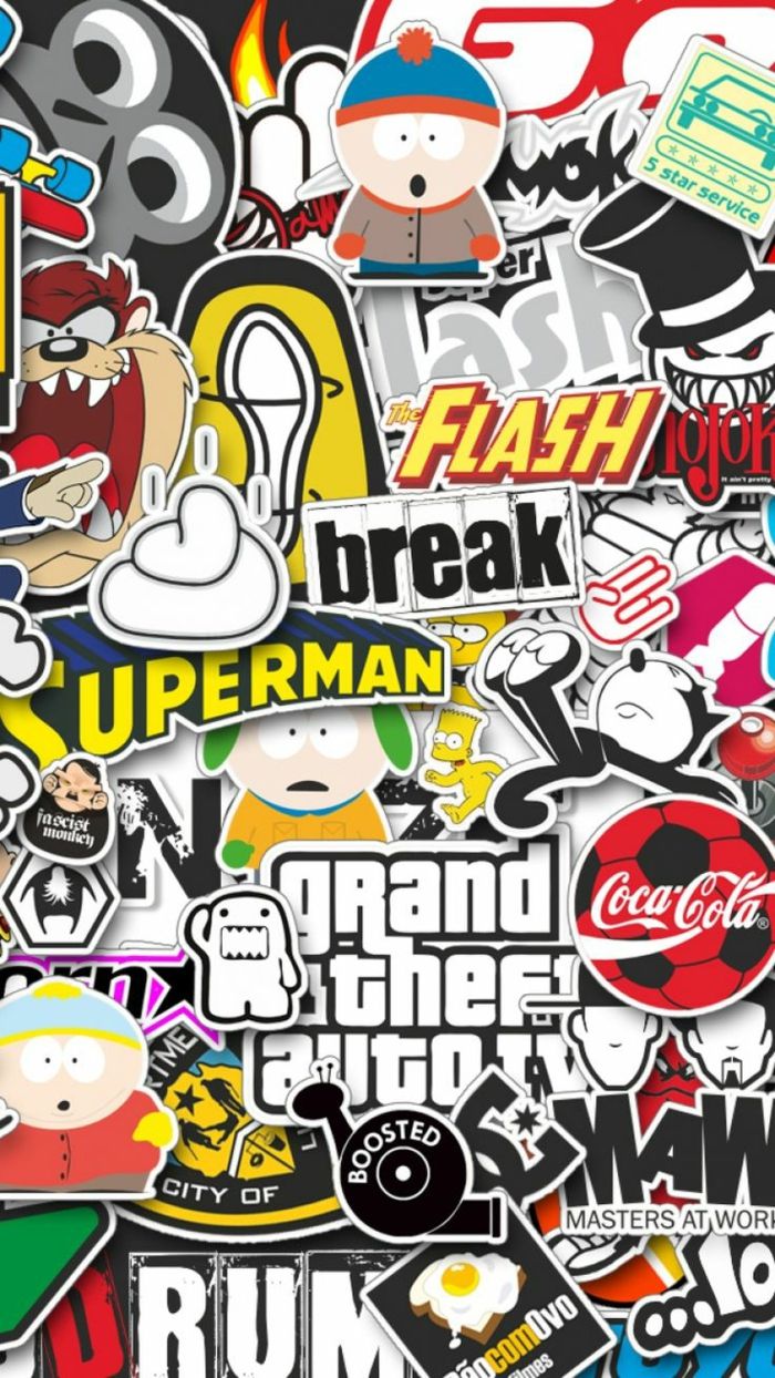 Sticker-Bombe, South Park, Superman, Grand Theft Auto, Collage, Logos, Hintergrundbild fürs Handy