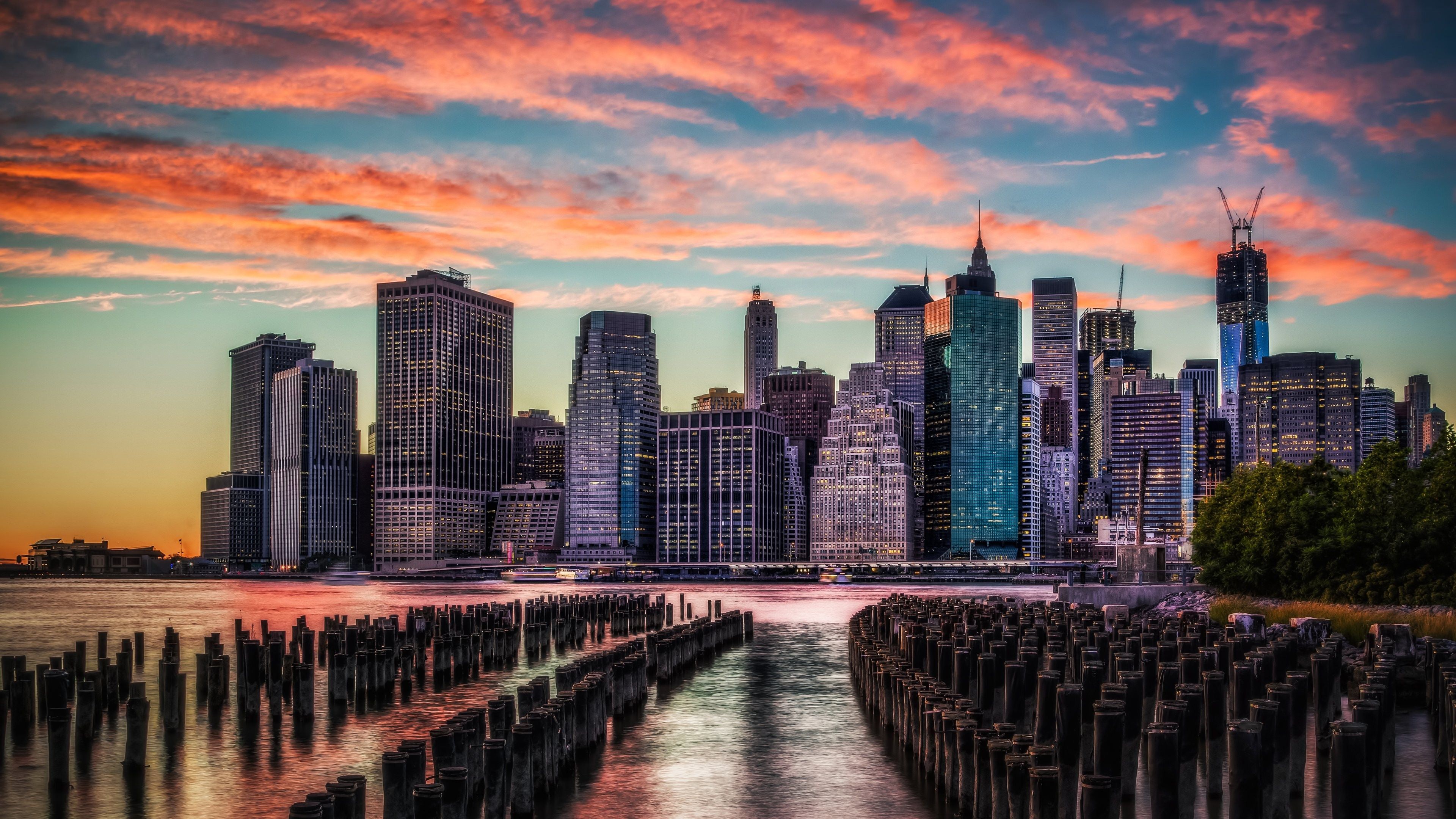 New York City, Lower Manhattan, Skyline, Pierpfähle, Sonnenuntergang, 4K-Hintergrundbild für PC