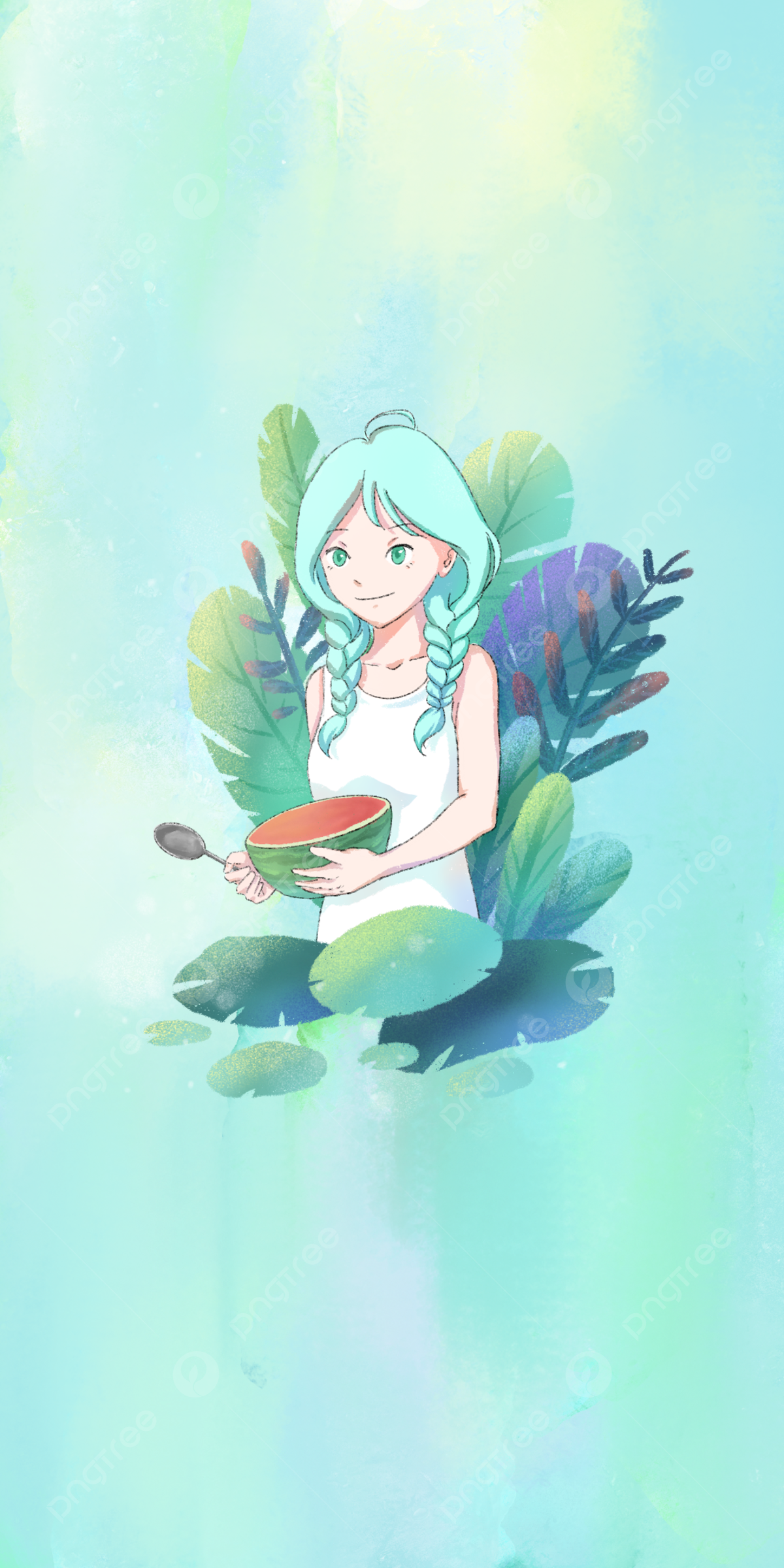 Anime-Mädchen, Pflanzen, Aquarell, Türkis, Illustration, Full HD, Handy-Hintergrund