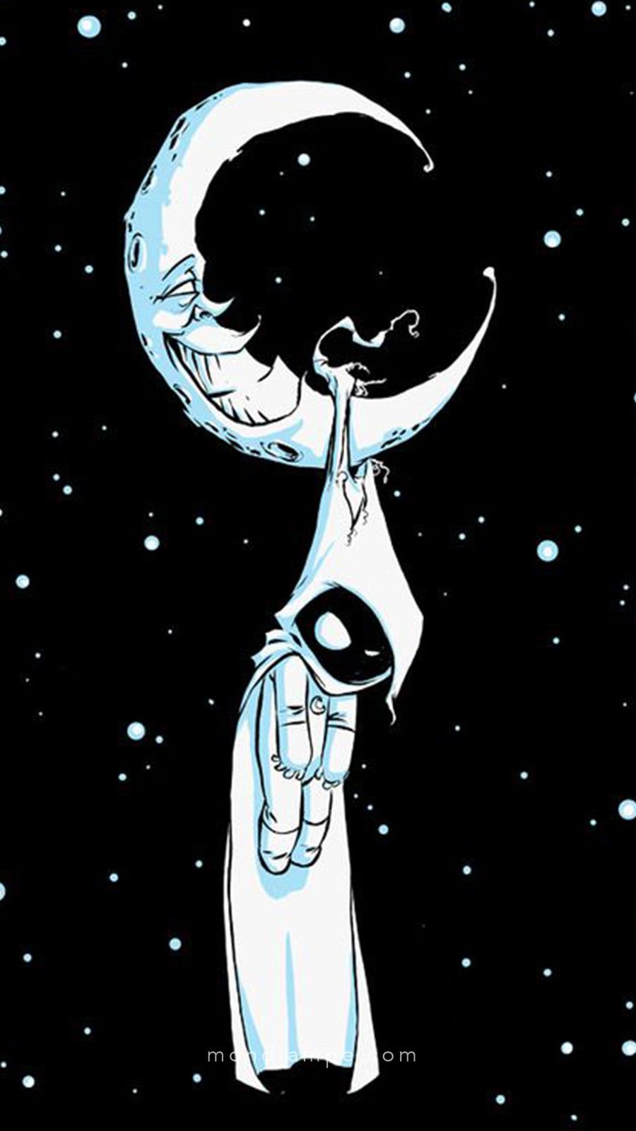 Astronaut, Mondsichel, Sterne, Schwarzweiß, Illustration, HD, iPhone-Hintergrundbild