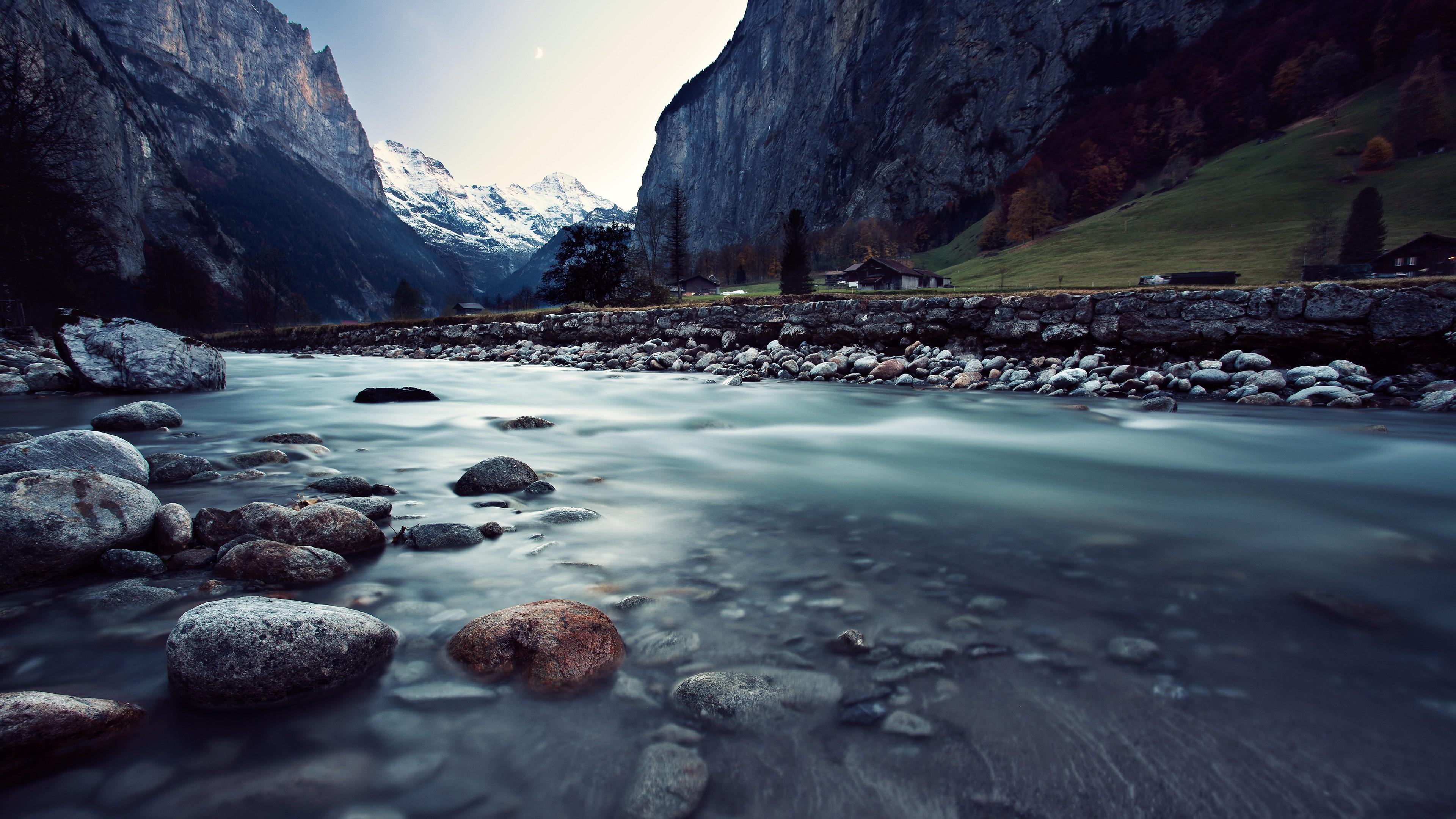 Bergfluss, Steine, Gebirgstal, Langzeitbelichtung, Felsen, 4K, Breitbild-Hintergrundbild