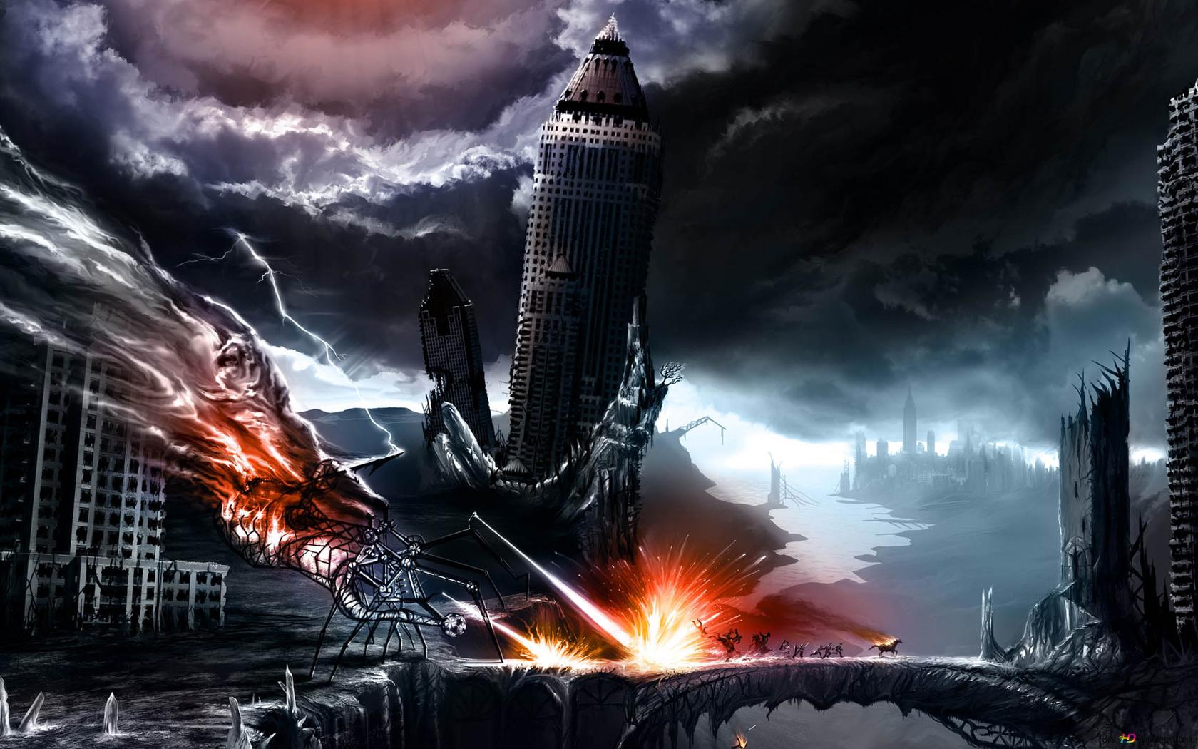 Postapokalyptische Stadt, Gewitter, Zerstörung, Explosionen, Science-Fiction, HD-Hintergrund