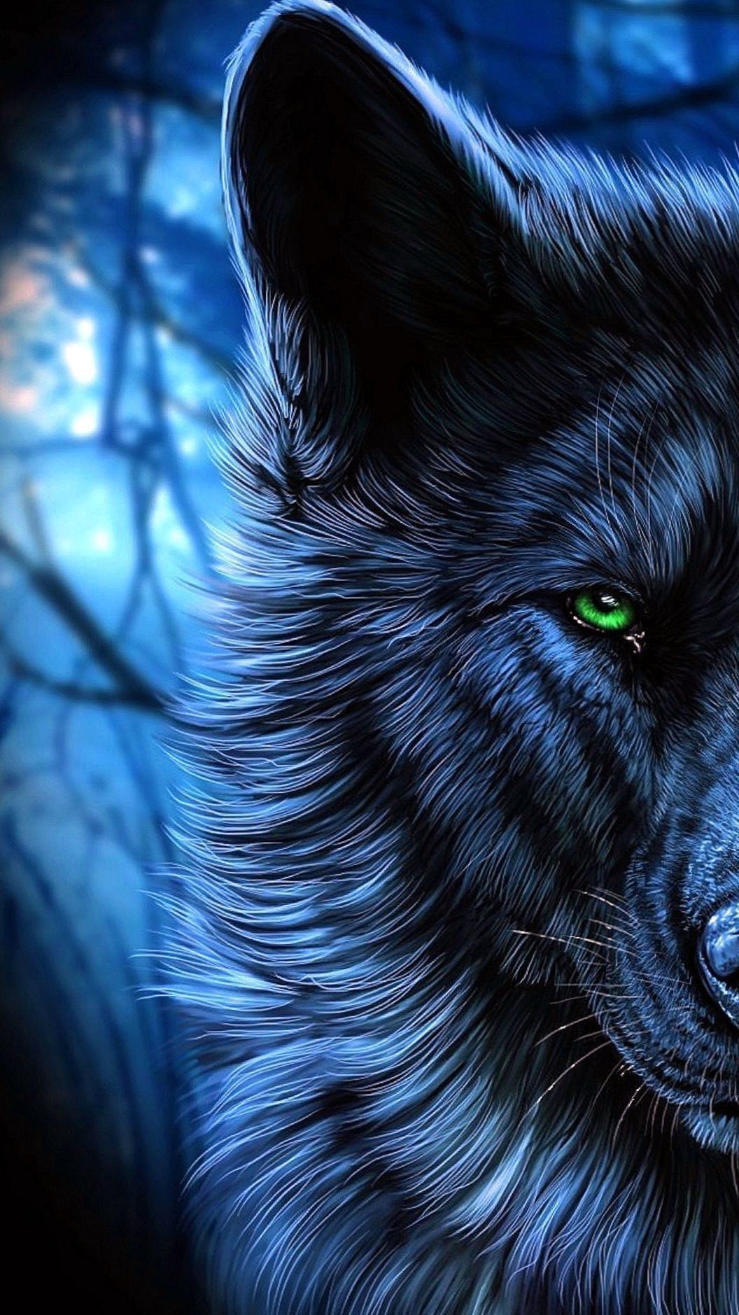 Wolf, Grüne Augen, Blau, Digitale Kunst, Dunkel, Hintergrundbild für iPhone und Android