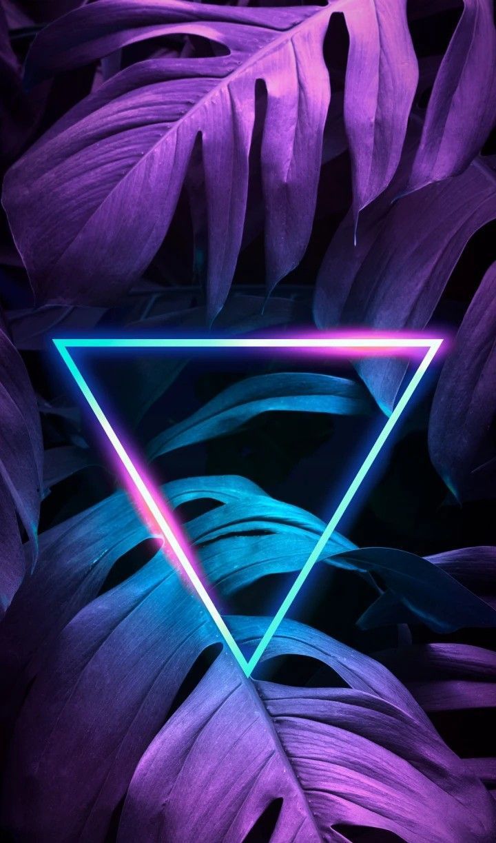 Neon-Dreieck, Monstera-Blätter, Tropische Blätter, Lila, Cyan, Hintergrundbild fürs Handy