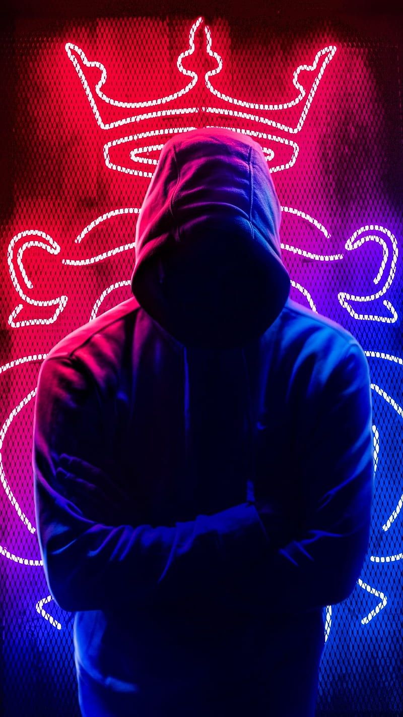 Kapuzenmann, Hoodie, Neonkrone, Rot, Blau, Hochformat, Hintergrundbild fürs Smartphone